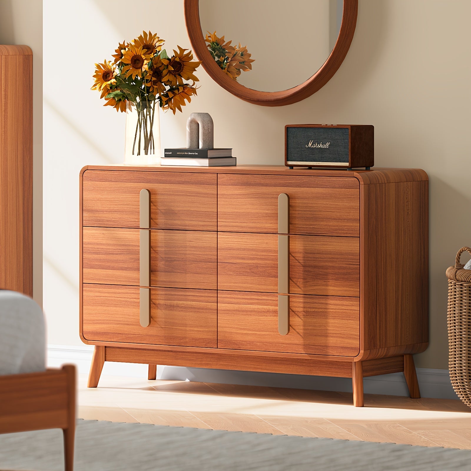 1pc Mid-Century Modern 6-Drawer Dresser Mid-Century Modern 6-Drawer Dresser, Hardwood Chest of Drawers with Metal Handles, Floor-Standing Wood Furniture, Flat Panel Doors, Engineered Wood Back, with No Electricity R