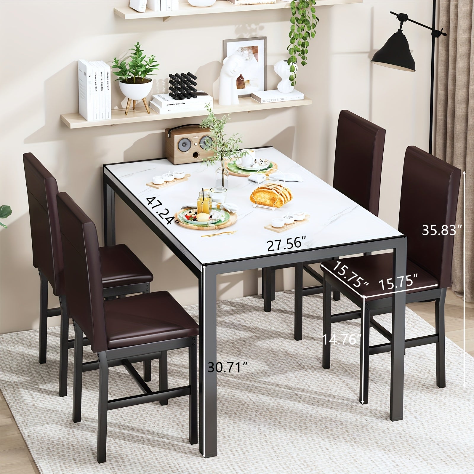 Modern Minimalist Style 5-Piece Dining Room Table Set with Faux Marble Tabletop, 4-Person Counter Height Dining Table Set with PU Leather Upholstered Chairs and Sturdy Metal Frame, Space Saving Design Bar Table Set for Living