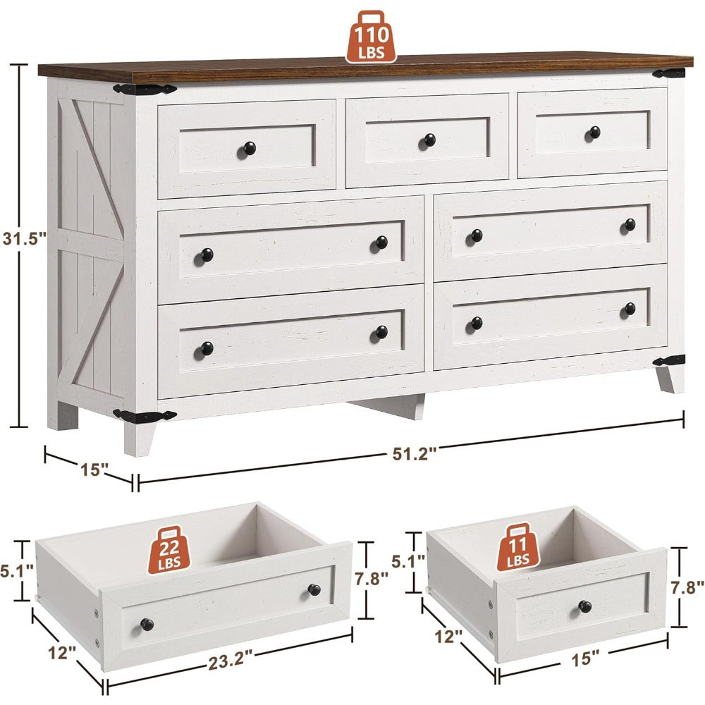 Chic Farmhouse 51" White Wooden Dresser with 7 Drawers - Spacious Bedroom Organizer, TV Stand & Closet Storage Solution