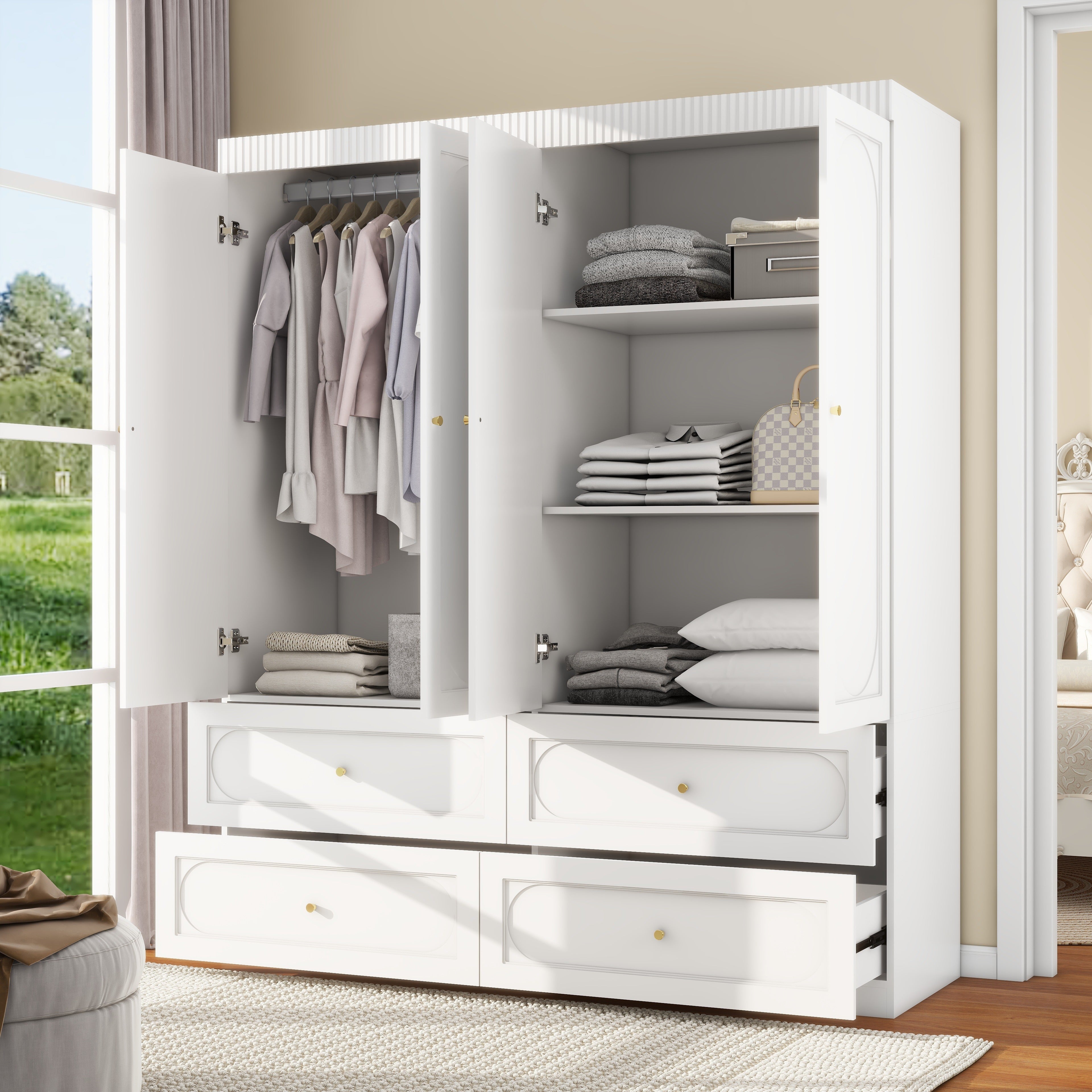 Bedroom Armoire Wardrobe Closet With 4 Drawers, 74" White Wood Closet For Hanging Clothes, Cabinet For Clothes With 4 Doors, Large Wardrobe Closet With Shelves