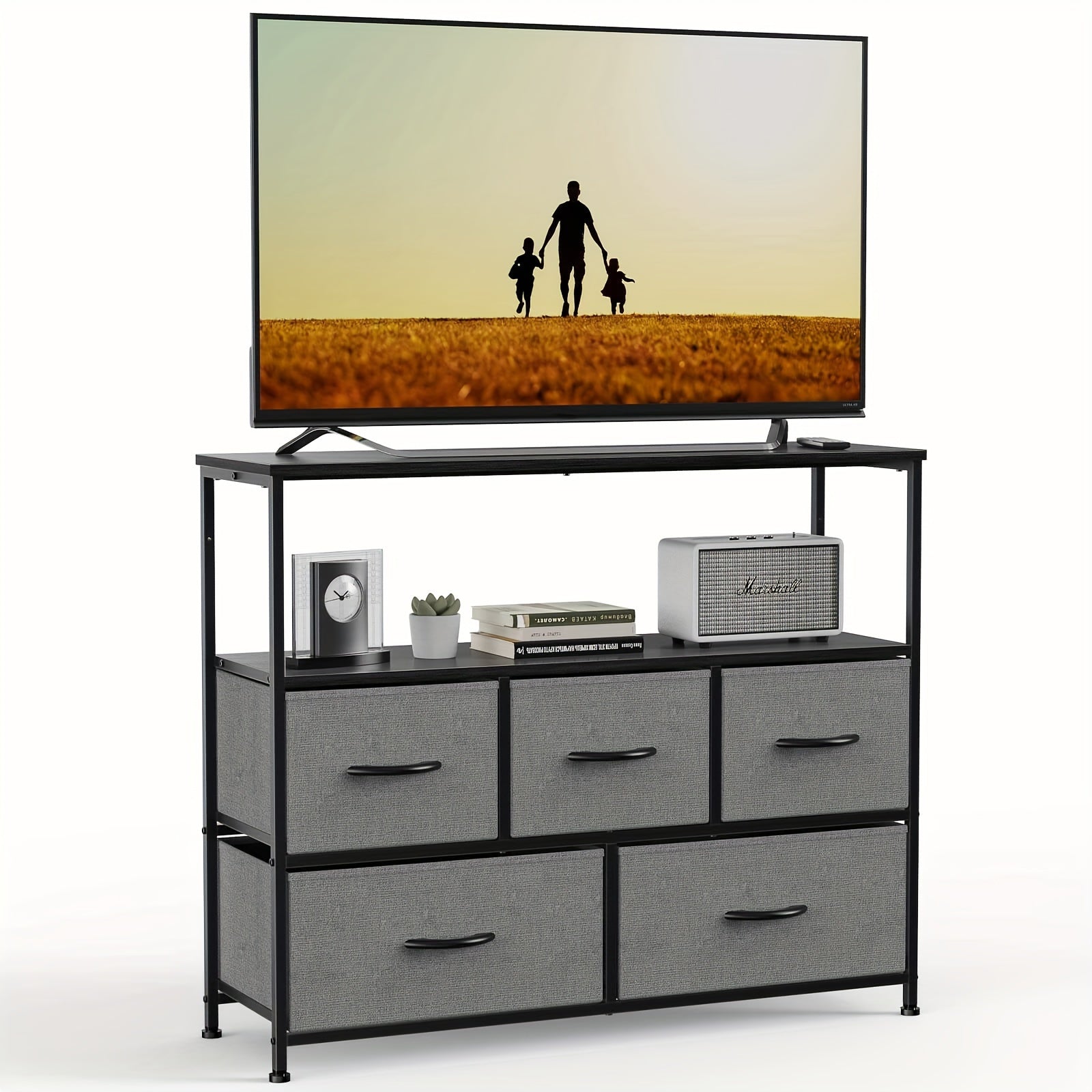 1pc 5 Drawer TV Cabinet, TV Cabinet For 26 To 55 Inch TV, Fabric Storage Box, Dresser And Drawer Chest, Storage Tower With 5 Cabinets, Metal Frame Portable Furniture For Living Room, Bedroom, Laboratory; 1pc Iron TV Stand