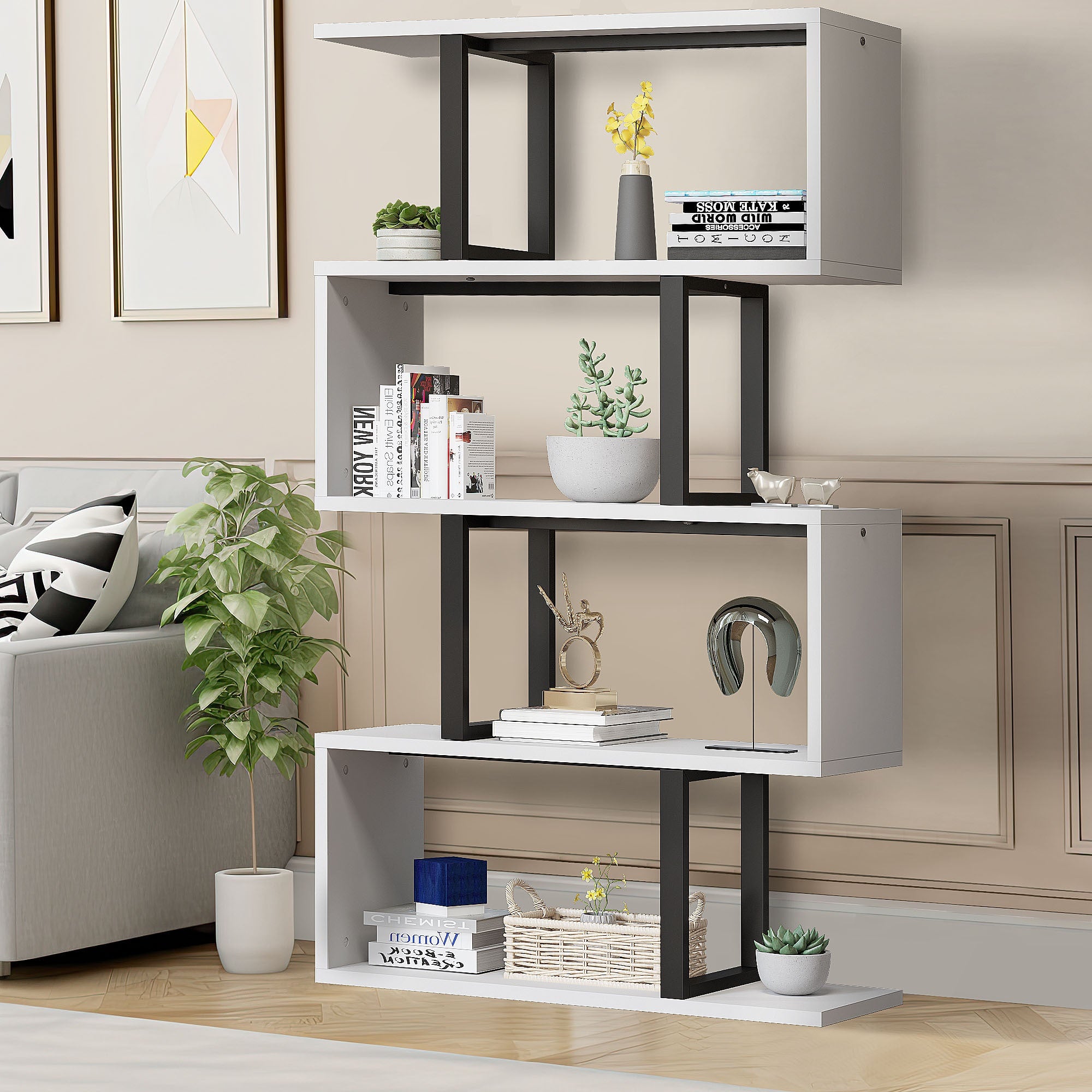 5- Tier S- Shaped Bookcase with Open Display Storage for Living Space - Black + White - Bookshelf Westberry Furniture