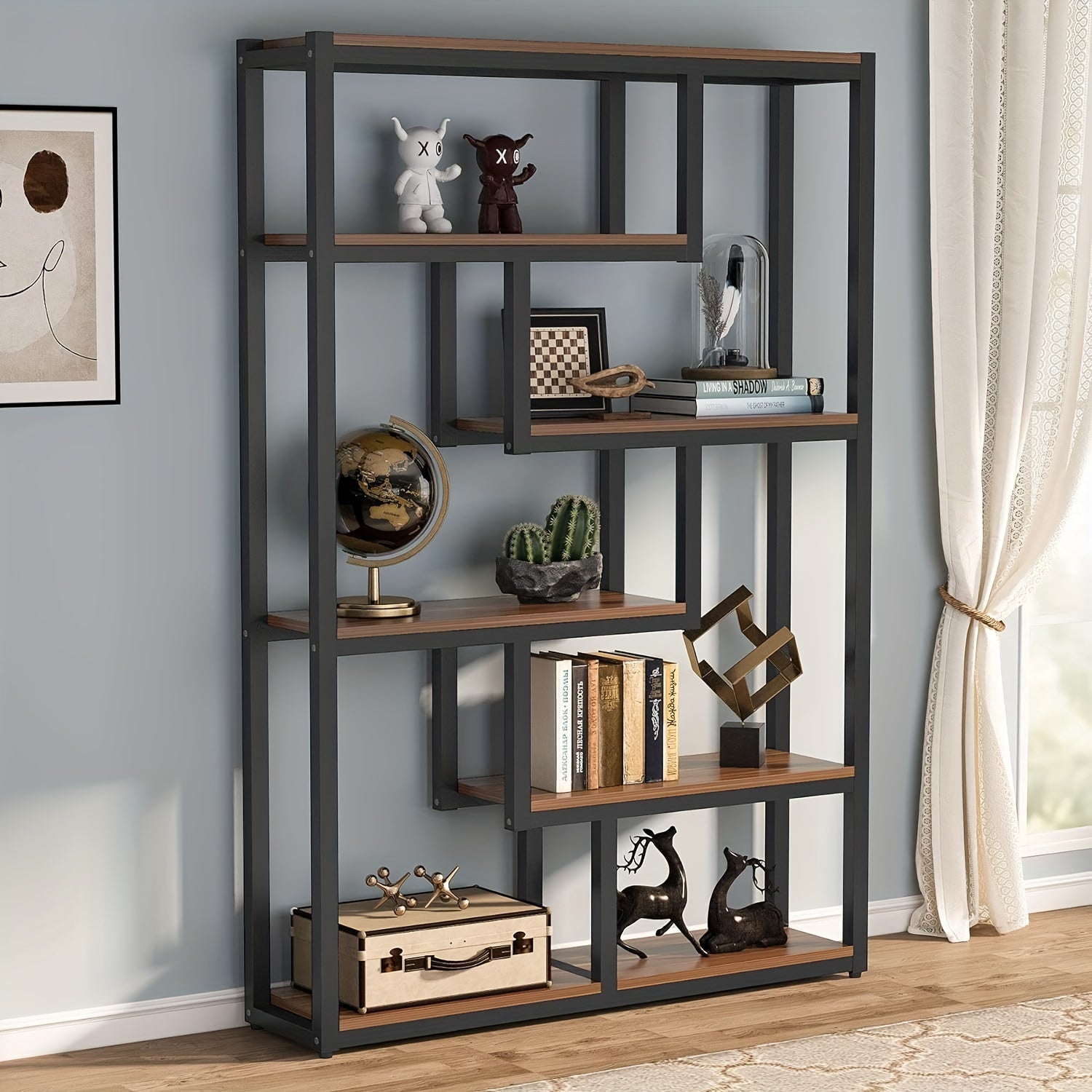 175cm Tall Bookshelf Staggered 6-Shelf Units Dark Walnut & Black Finish - INDUSTRIAL - Bookshelf Westberry Furniture