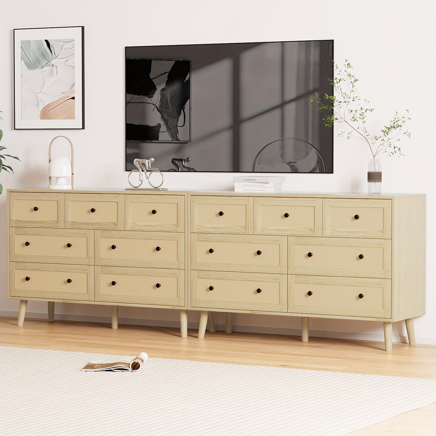 Rattan 7 Drawer Dresser For Bedroom, Wood Boho Double Chest Of Drawers With Storage And Gold Handle