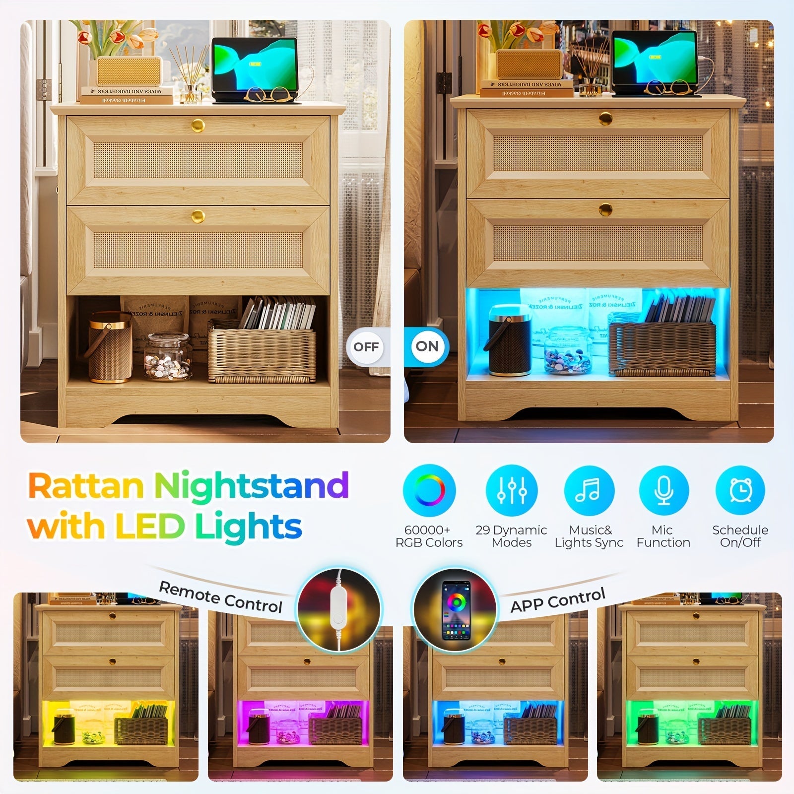 Chic Rattan Nightstand with 2 Drawers & LED Lights - Versatile Bedside Table in Natural or Black Finish