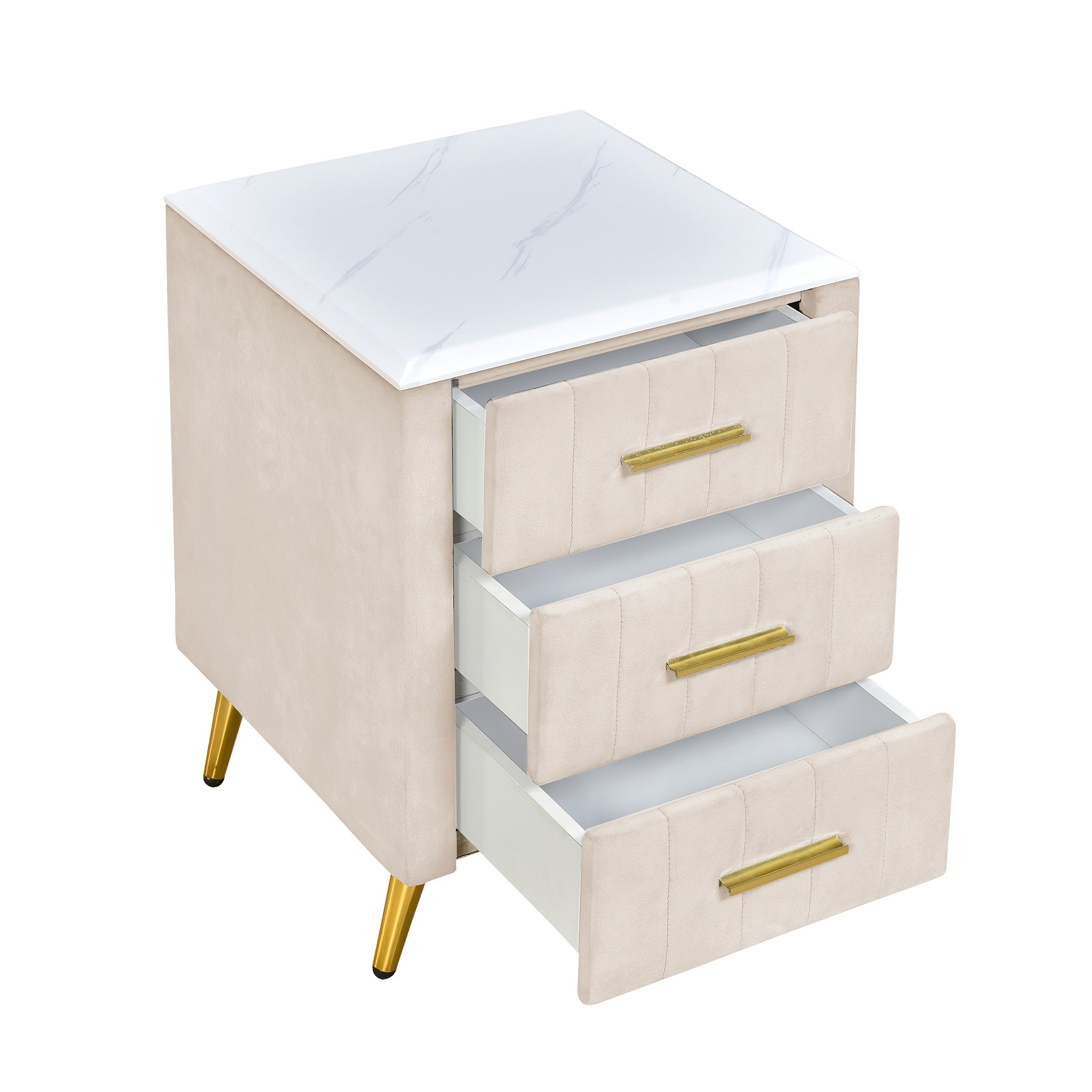 Upholstered Wooden Nightstand With 3 Drawers And Metal Legs&Handles, Bedside Table With Marbling Worktop