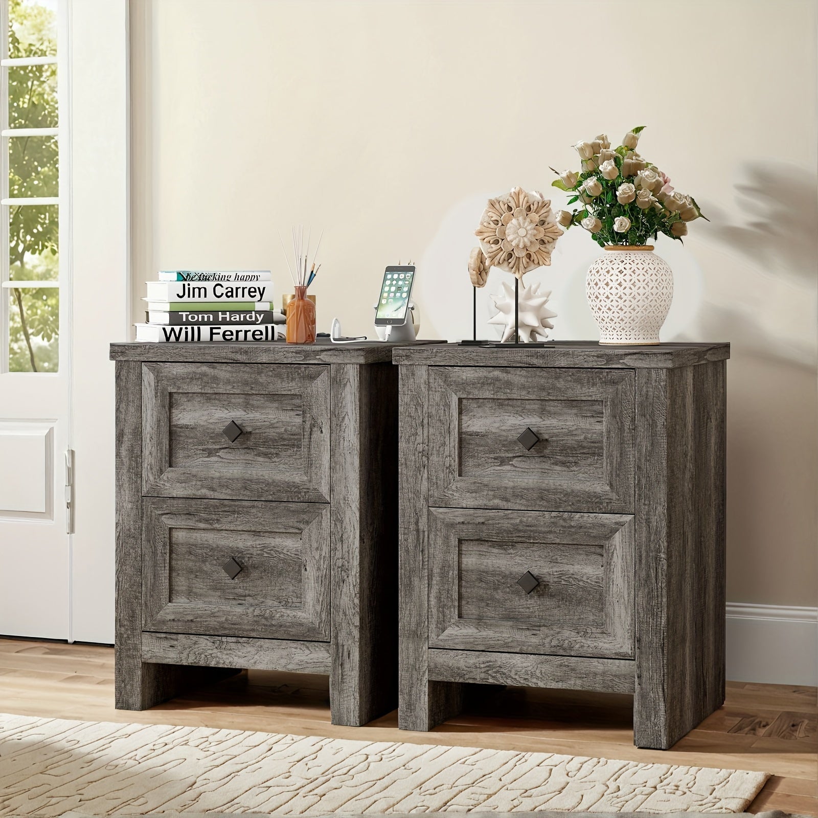 Charming Farmhouse Nightstand Set of 2 with Built-In Charging Station & Storage Drawers - Rustic Wooden Bedside Tables for Bedroom and Living Room