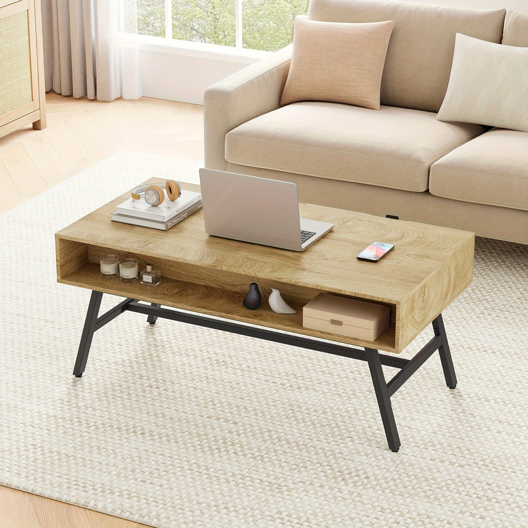 Coffee Table Industrial Center Table 107cm Mid-Century Modern Living Room Table With Drawer Cocktail Table With Storage Rectangle Coffee Table Metal Frame Living Room Easy Assemble