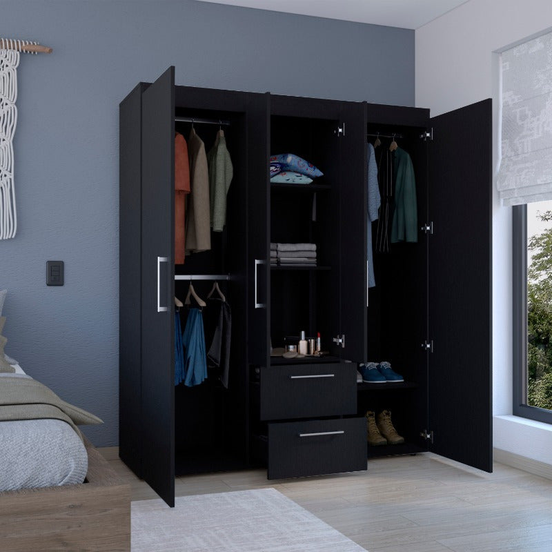 Black Deluxe Armoire - Multiple Storage Options & Metal Accents. Ideal for Bedroom, Living Room. Spacious & Stylish. Durable & Functional. Adds Elegance to Any Space.