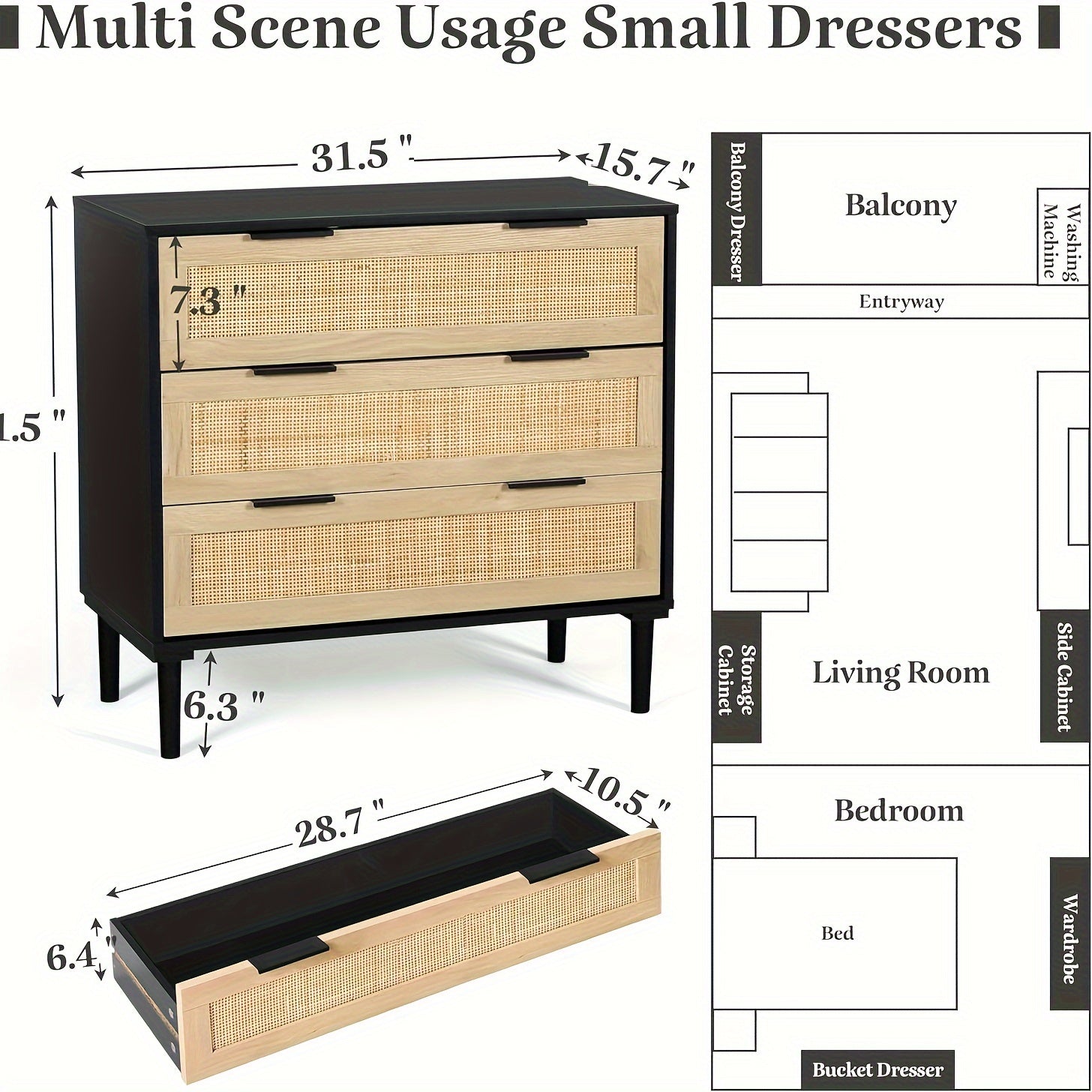 3 Drawer, Rattan Dresser Modern Closet Dressers Chest Of Drawers, Wood Black Storage Chest For Kids, Hallway, Living Room