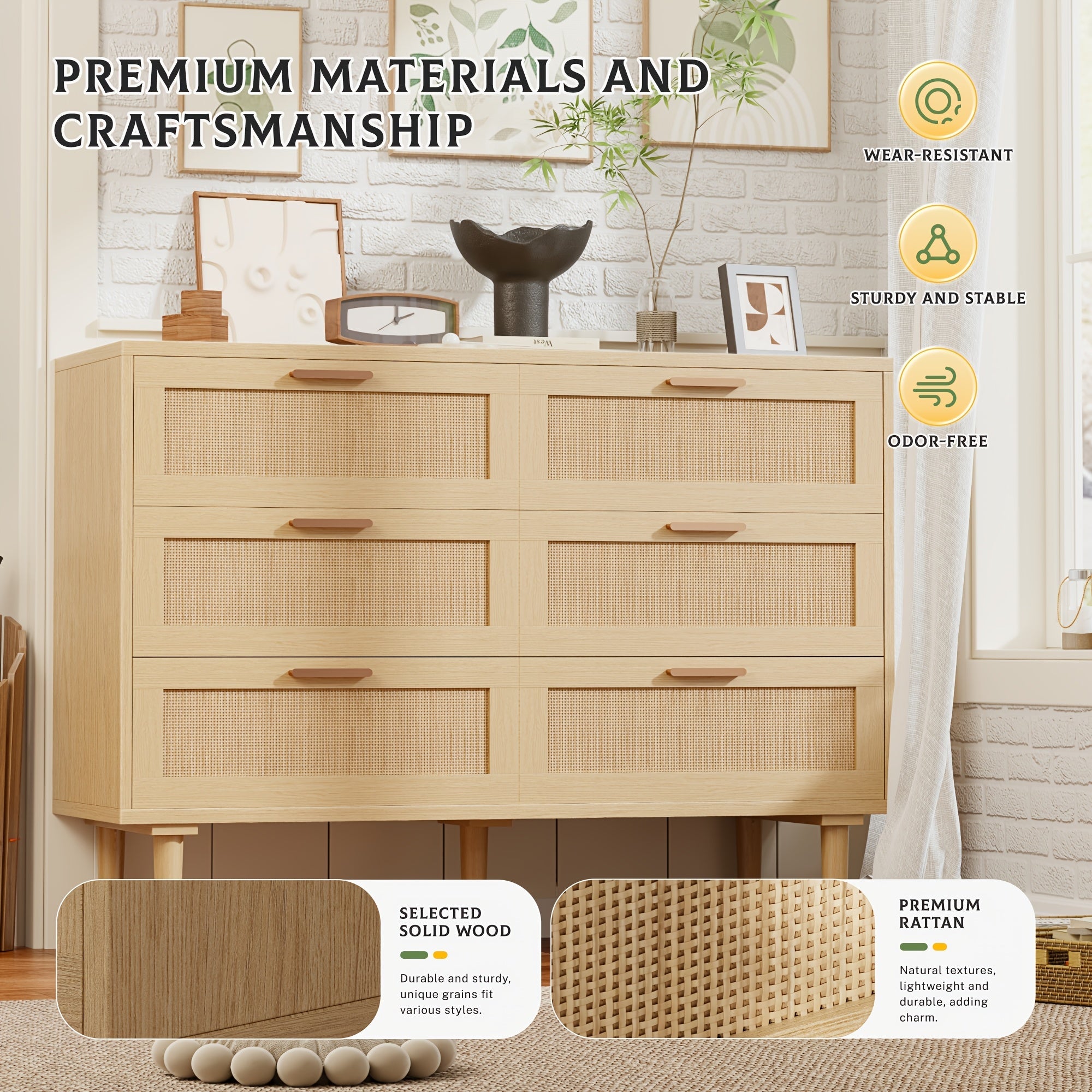 6 Drawer Dresser Modern Wooden 6 Drawer Dresser Rattan Dresser with Golden Handles for Bedroom Rattan Storage Chest