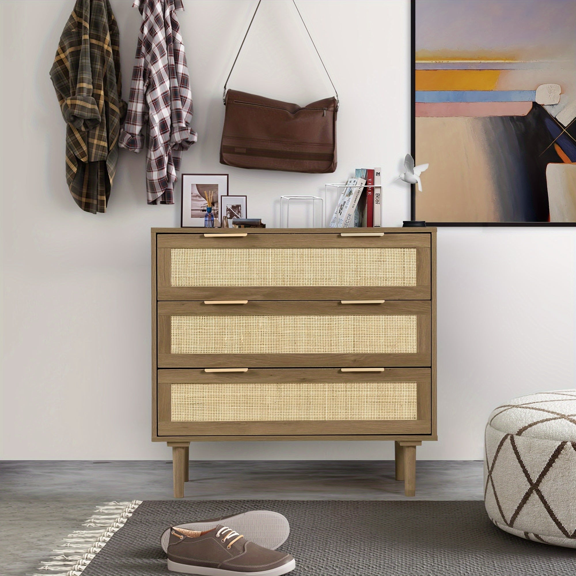 3 Drawer Dresser For Bedroom, Rattan Dresser Modern Closet Dressers Chest Of Drawers, Wood Brown 3 Drawer Storage Chest For Kids Bedroom, Hallway, Living Room