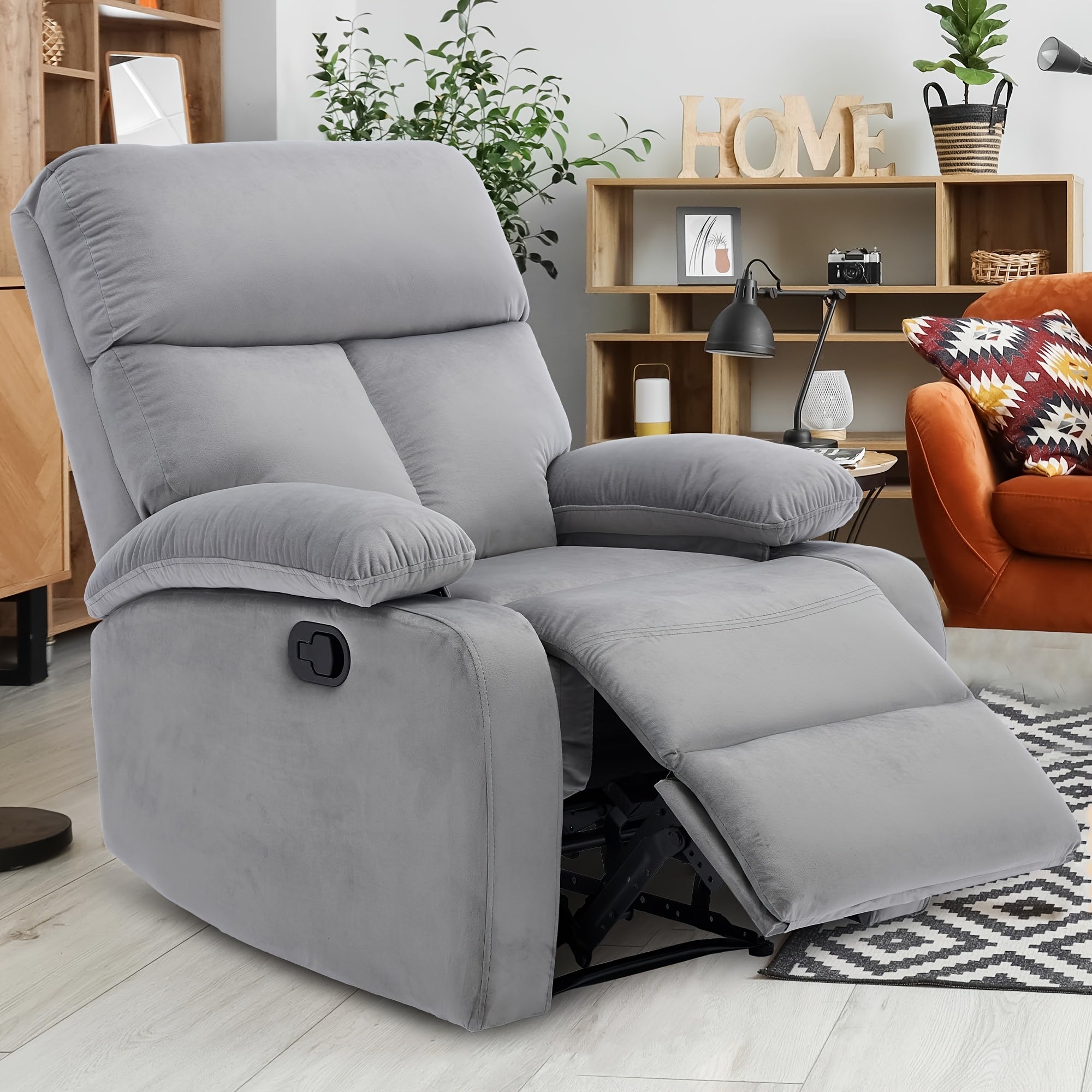 Manual Recliner Chair for Adults, Small Recliners for Small Spaces, Lazy boy Recliner Sofa Velvet Reclining Chairs for Living Room, RV, Bedroom, Gray