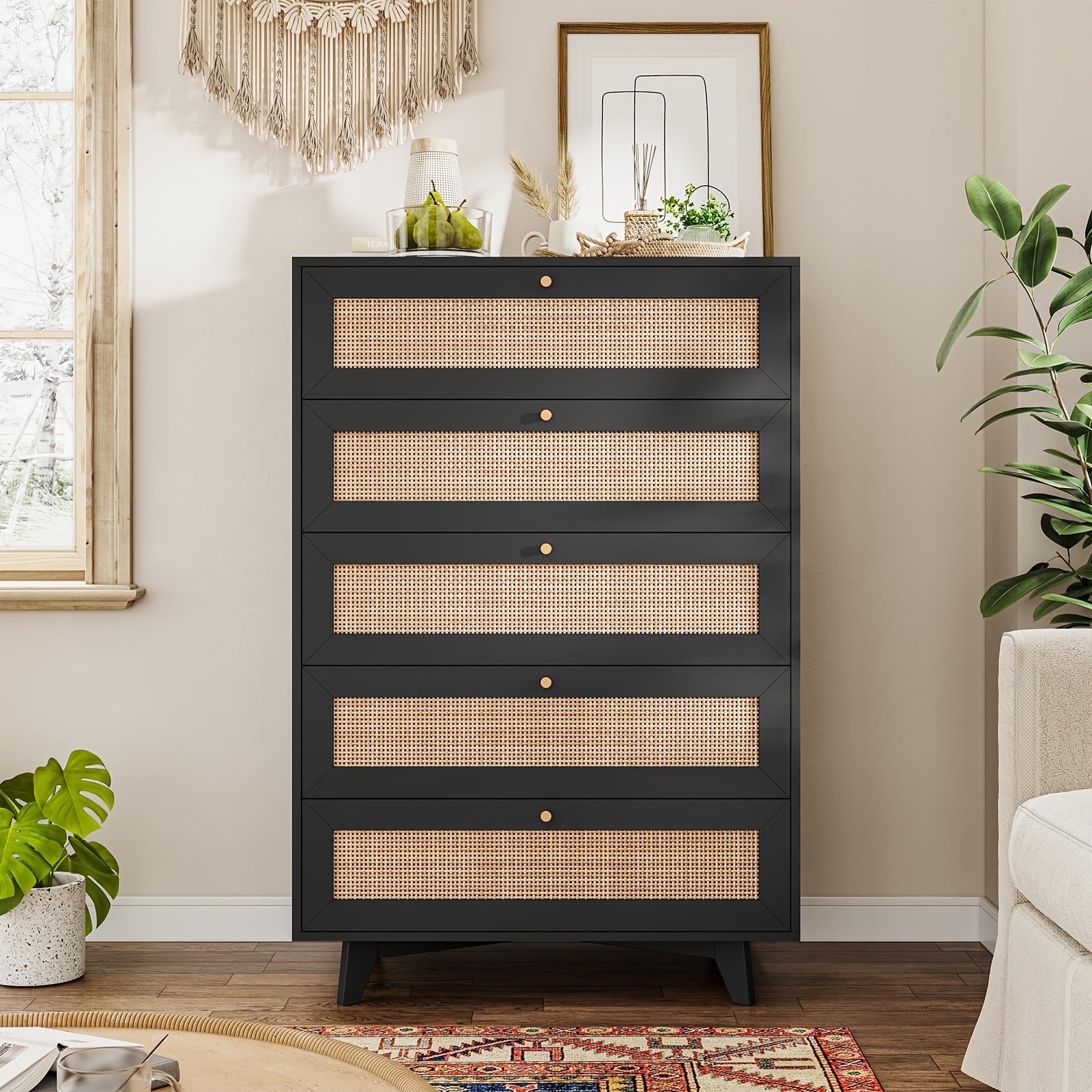 Rattan Vanity Dresser For Bedroom, 5 Drawer Dresser With Natural Rattan Drawers, Wooden Tall Dresser With Golden Handles, Modern Closet Dressers Chest Of Drawers For Nursery Entryway Living Room