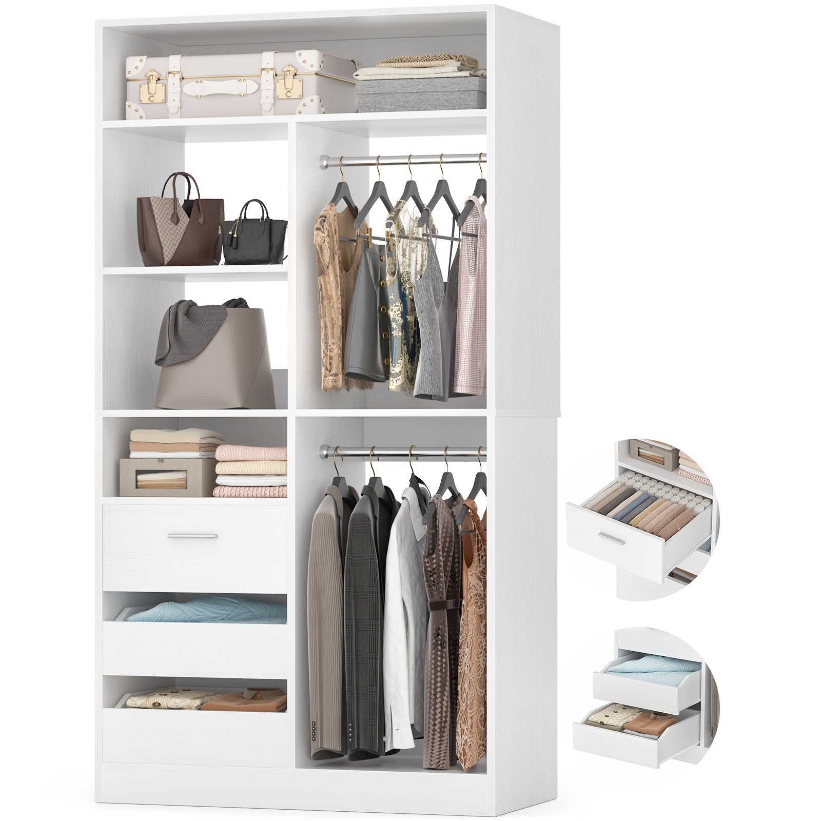 Standalone Wardrobe System with Suitcase Storage Space 36 Inch Standalone Wardrobe with 3 Wooden Drawers 80 Inch Height