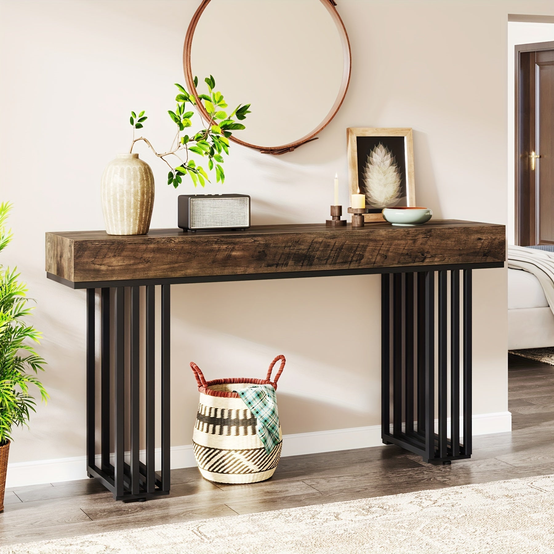 Entryway Table, Farmhouse Natural Console Table With Storage Shelf Wood And Metal Narrow Entrance Table 55.12" Sofa Table For Entry Hallway Living Room