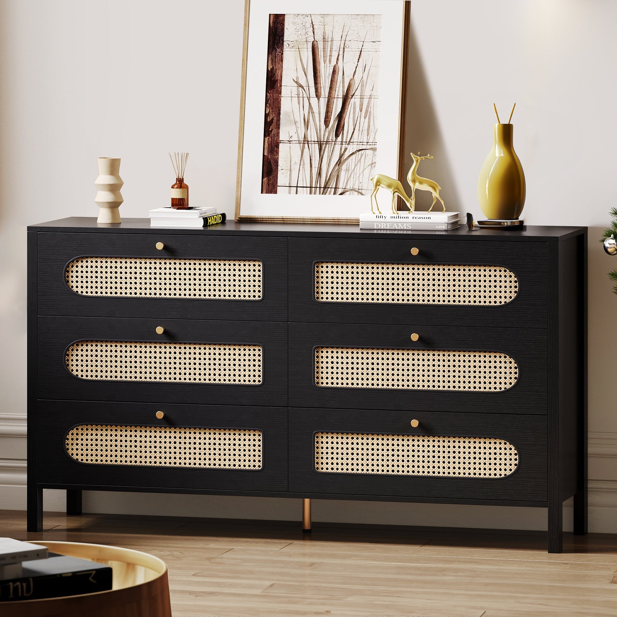 Rattan 6 Drawer Dresser Chest of Drawers Closet Cabinet Home Storage Black Color For Bedroom Living Room Thanksgiving Christmas Day Gift