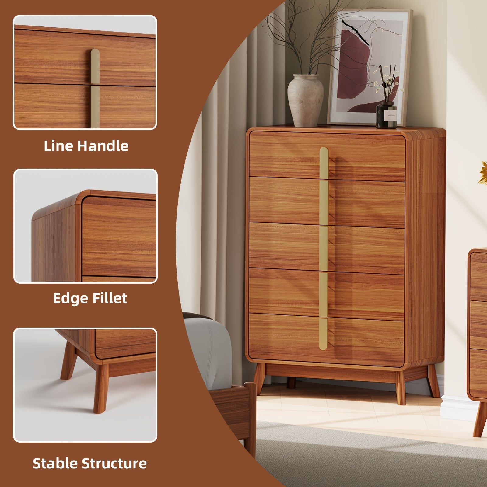 Mid-Century Modern 5/6 Drawer Dresser - Cherry Wood Finish 47.2’’ Tall with Metal Handles for Bedroom Living Room &