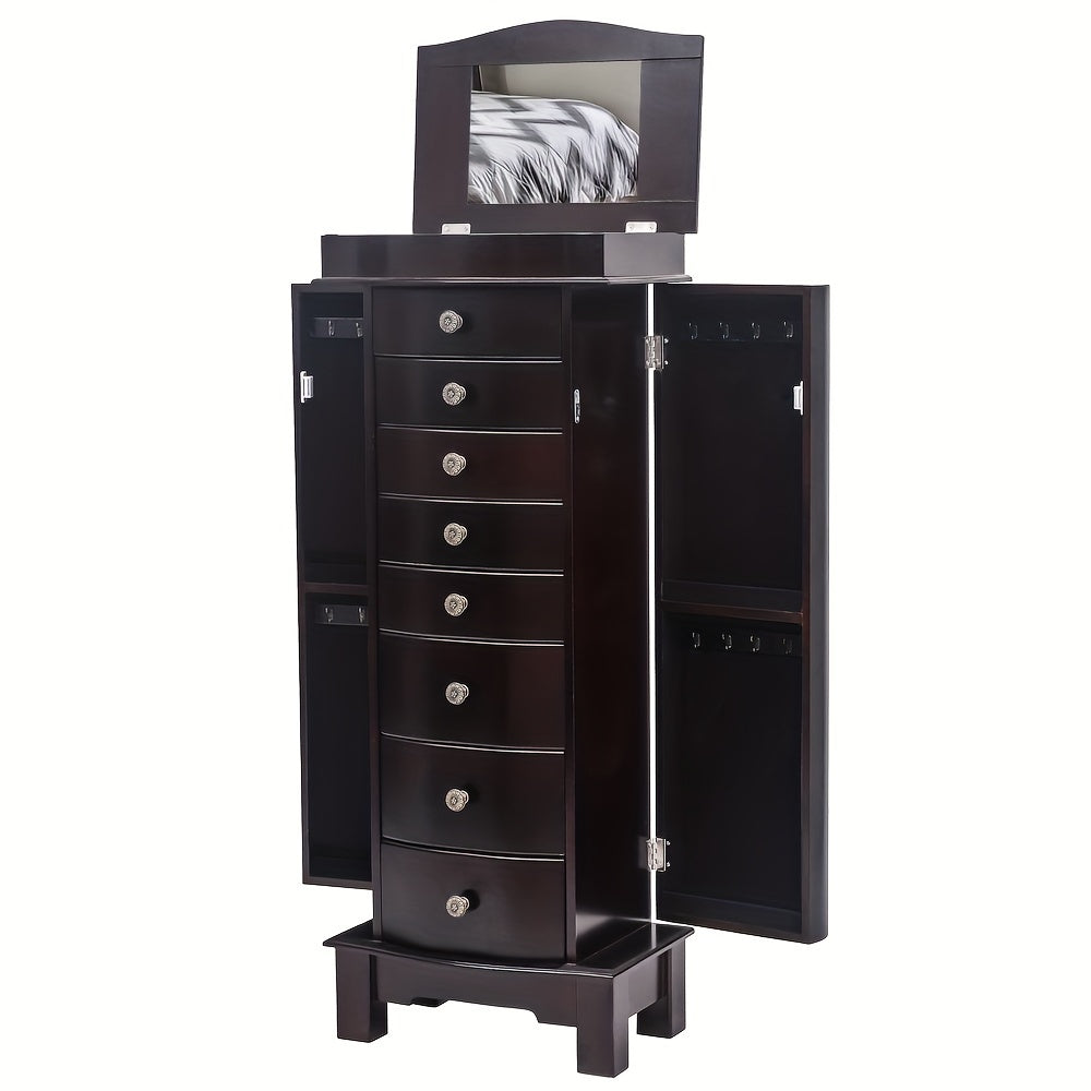 Jewelry Armoire With Mirror, 8 Drawers & 16 Necklace Hooks, 2 Side Swing Doors(Brown), Jewelry Armoires