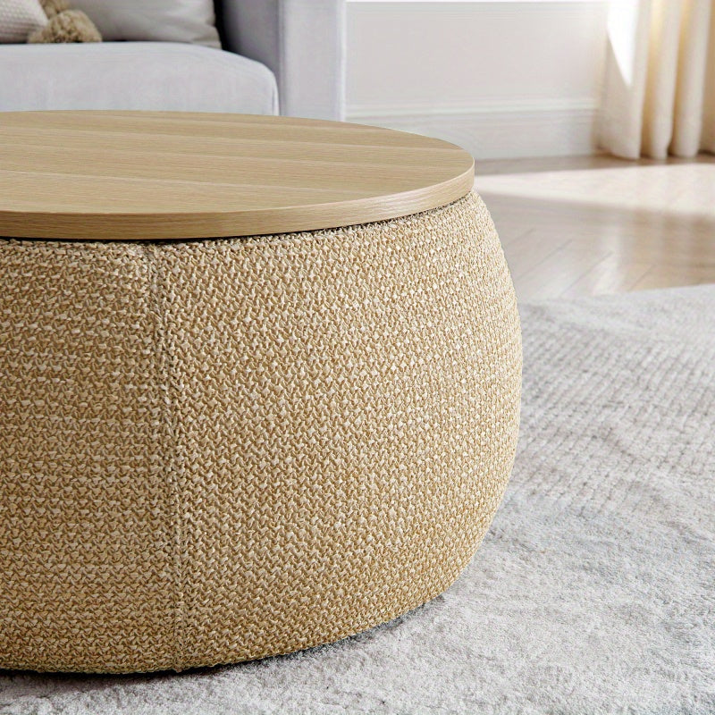 Round Storage Ottoman Woven rattan fabric Ottoman 2 in 1 Function Work as End table and Ottoman with small seat-nature 25"x25"x14.7"