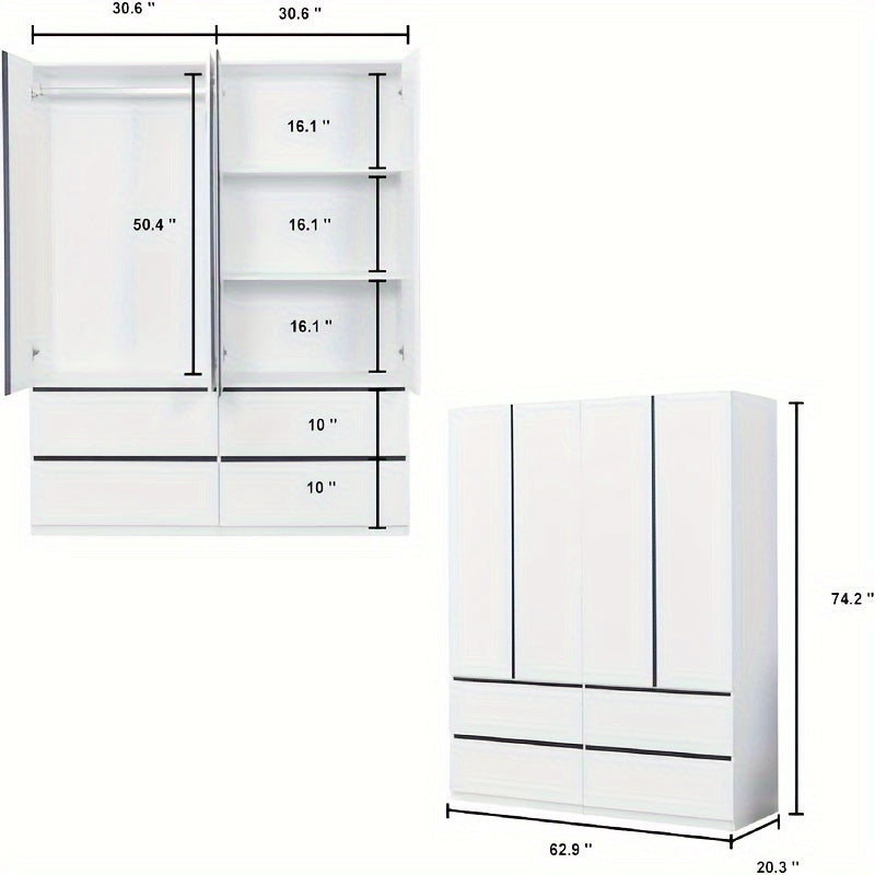 4-Door Armoire Wardrobe Closet, White Wood Storage Organizer With Hanging Rod, Quadruple Doors, And Drawers, Bedroom Wardrobe Closet