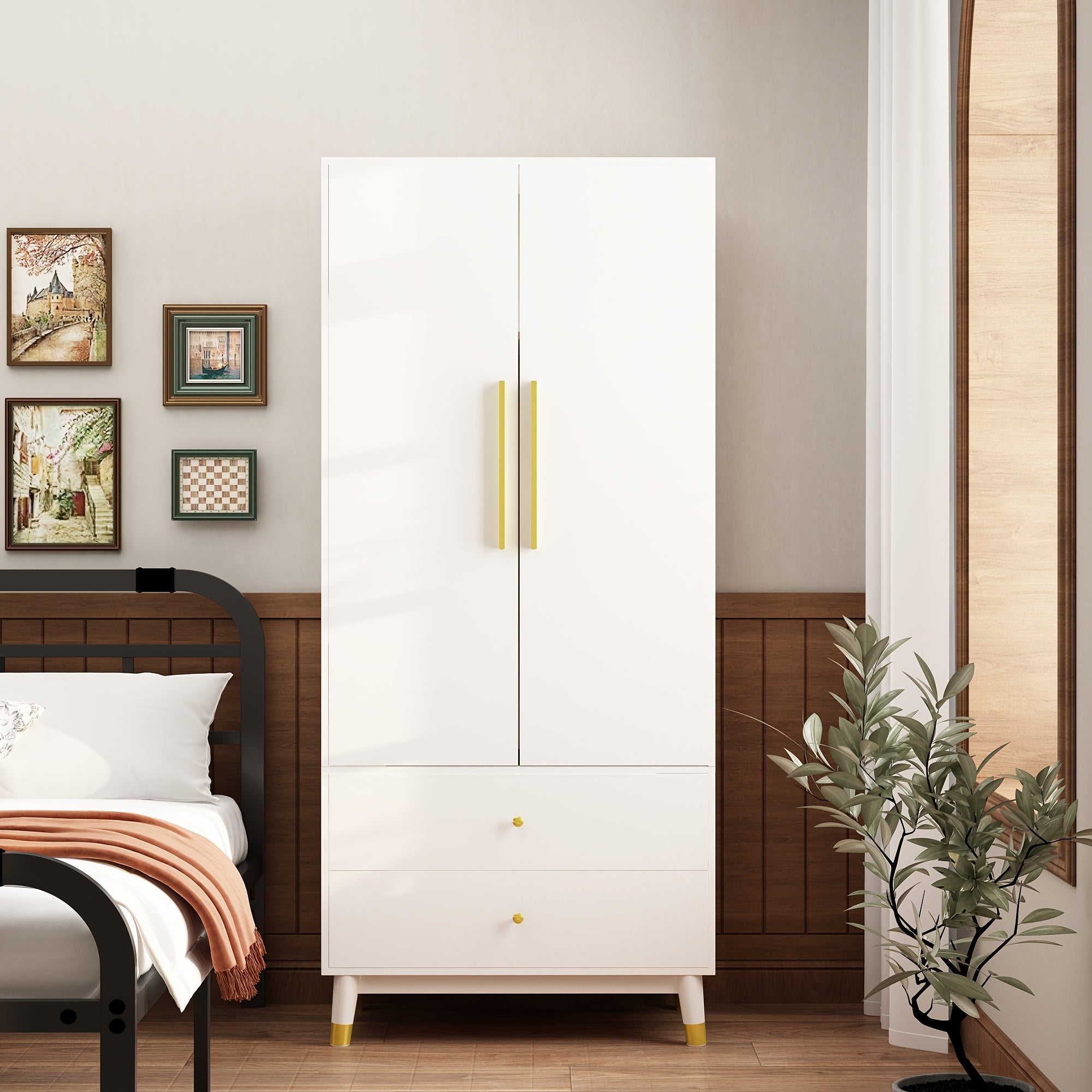 Armoire Large Wardrobe Closet with 2 Doors, Freestanding Wardrobe Cabinet with 2 Drawers Storage Shelves & Hanging Rod, White