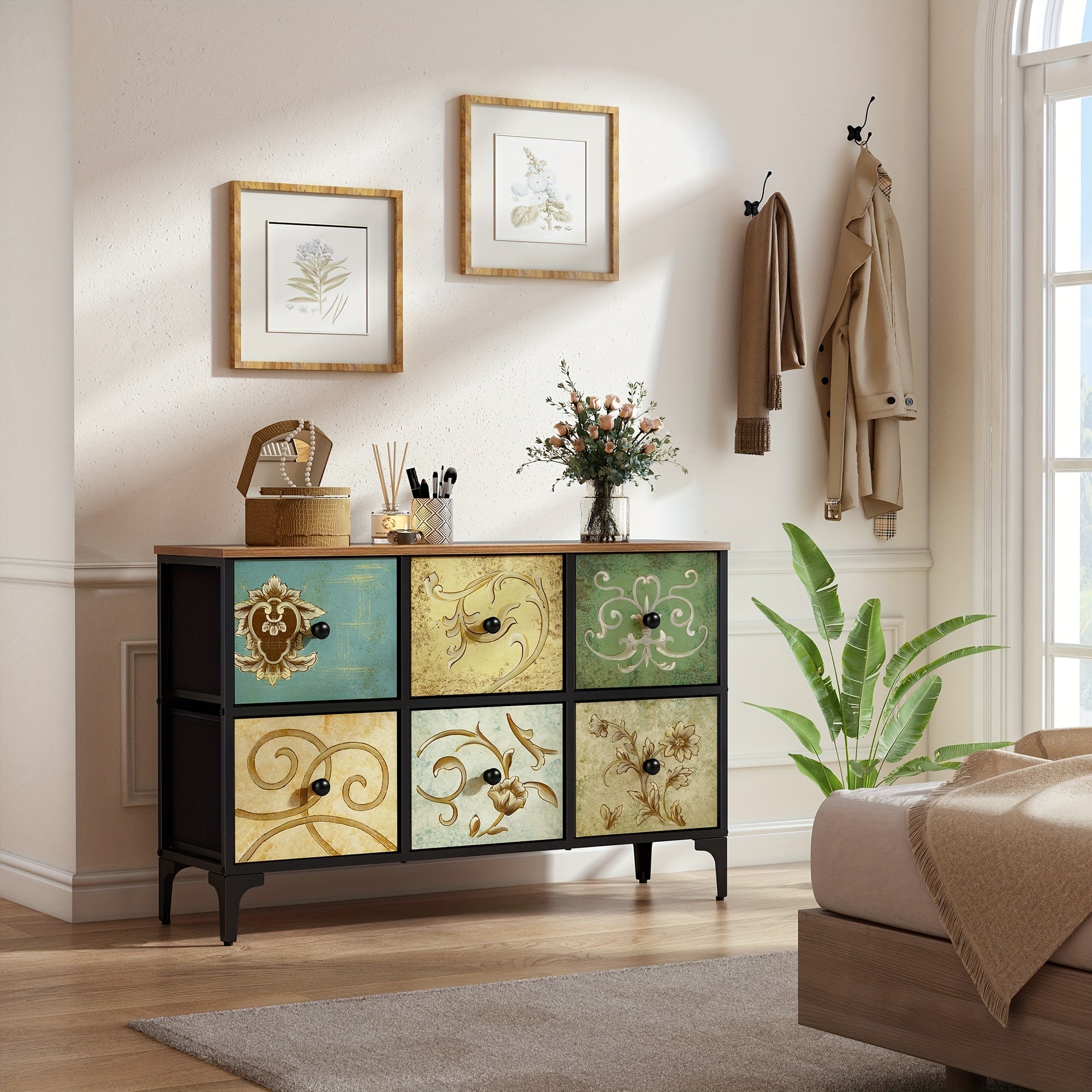 6 Drawer Dresser for Bedroom, Dresser for Closet, Sturdy Steel Frame, Wooden Top, 25.9'' H X 39.4'' W X 11.7'' D