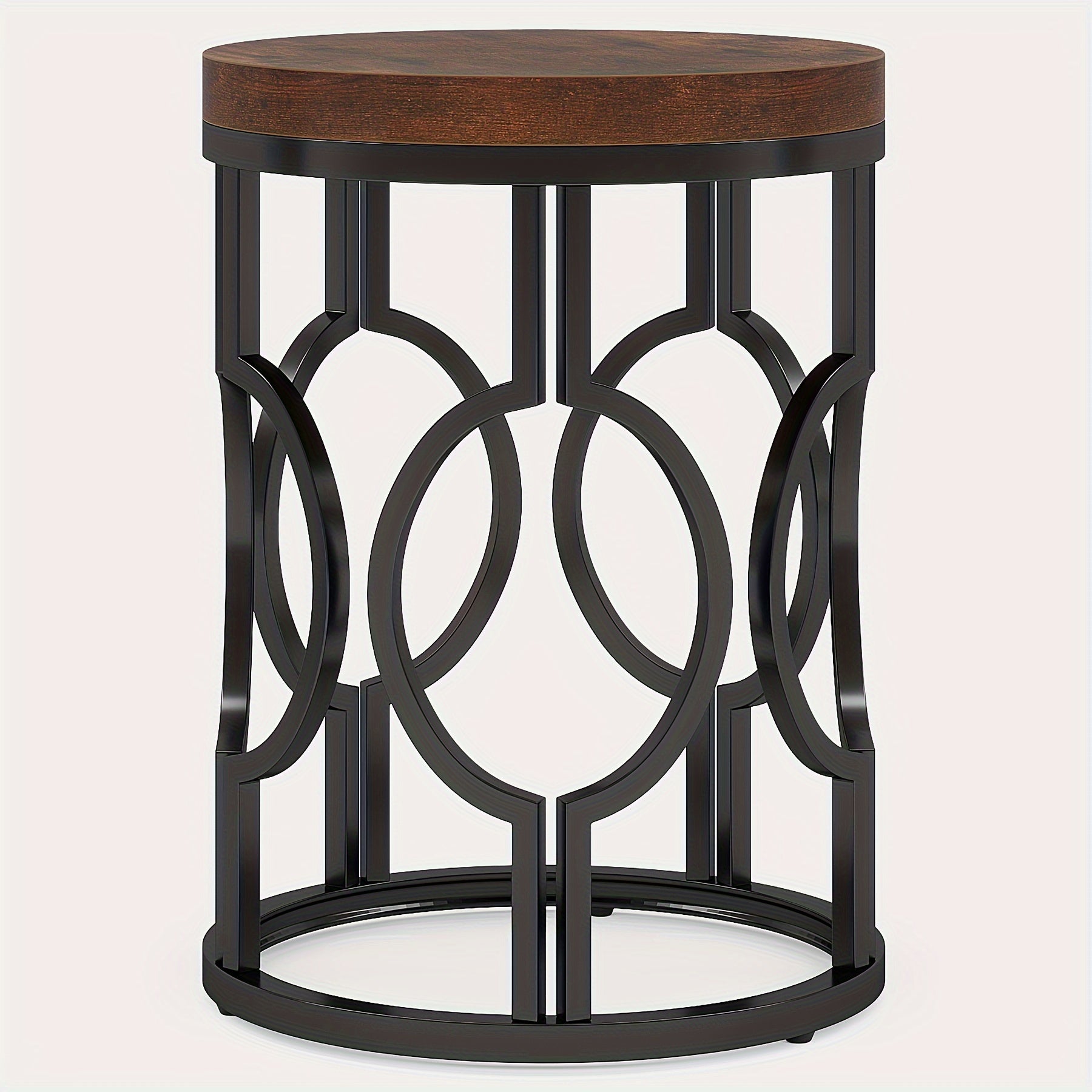 Round End Table Industrial SideTable With Metal Hollow Frame Small Bedside Table Nightstand For Living Room Bedroom