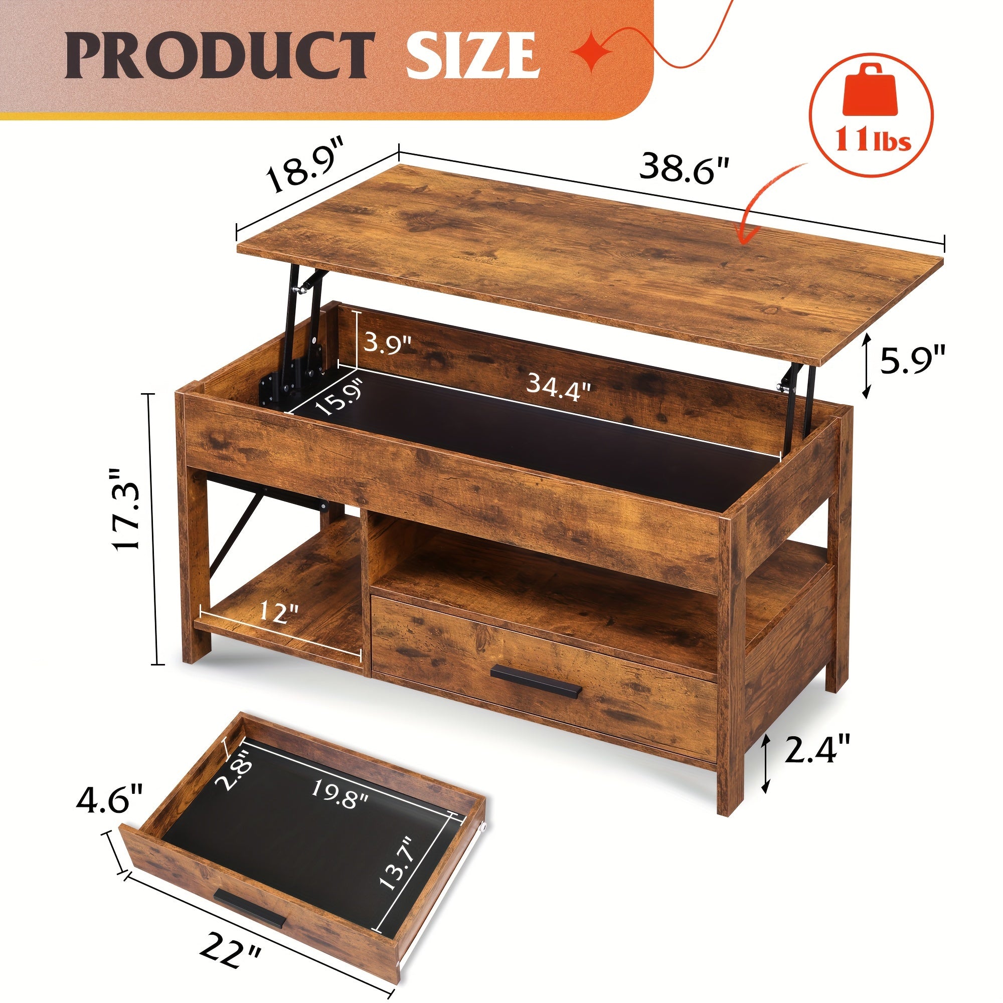 Lift Top Coffee Table for Living Room, Coffee Table with Storage, Hidden Compartment and Metal Frame, Central Table for Reception Room