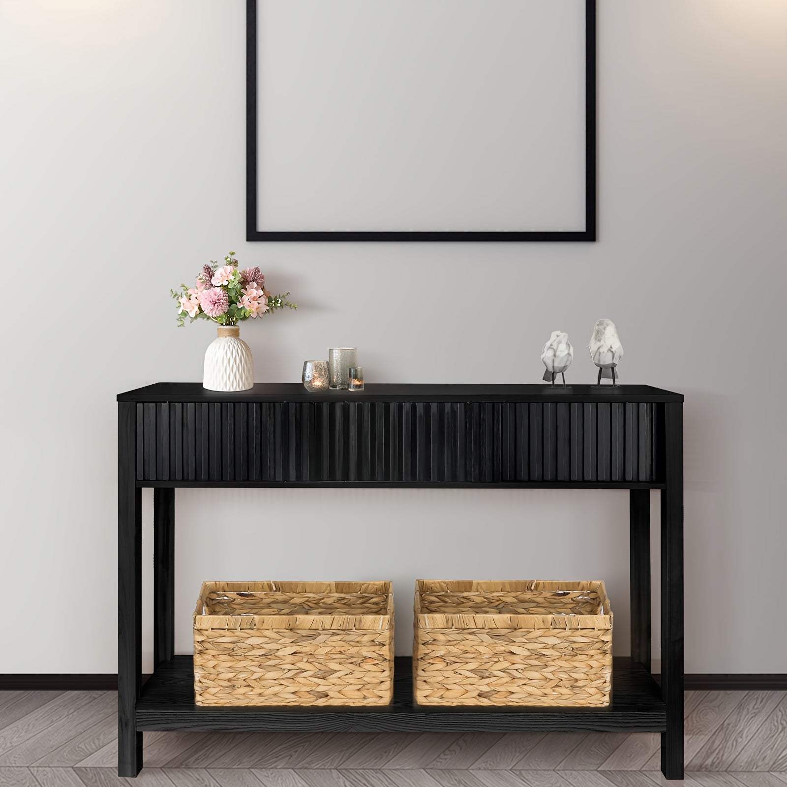 Long Console Table with Storage, Fluted Entryway Table, Slim Sofa Table Behind Couch Entry Table, Narrow Wood Hallway Table, Modern Living Room Couch Table, Black Foyer Entrance Table