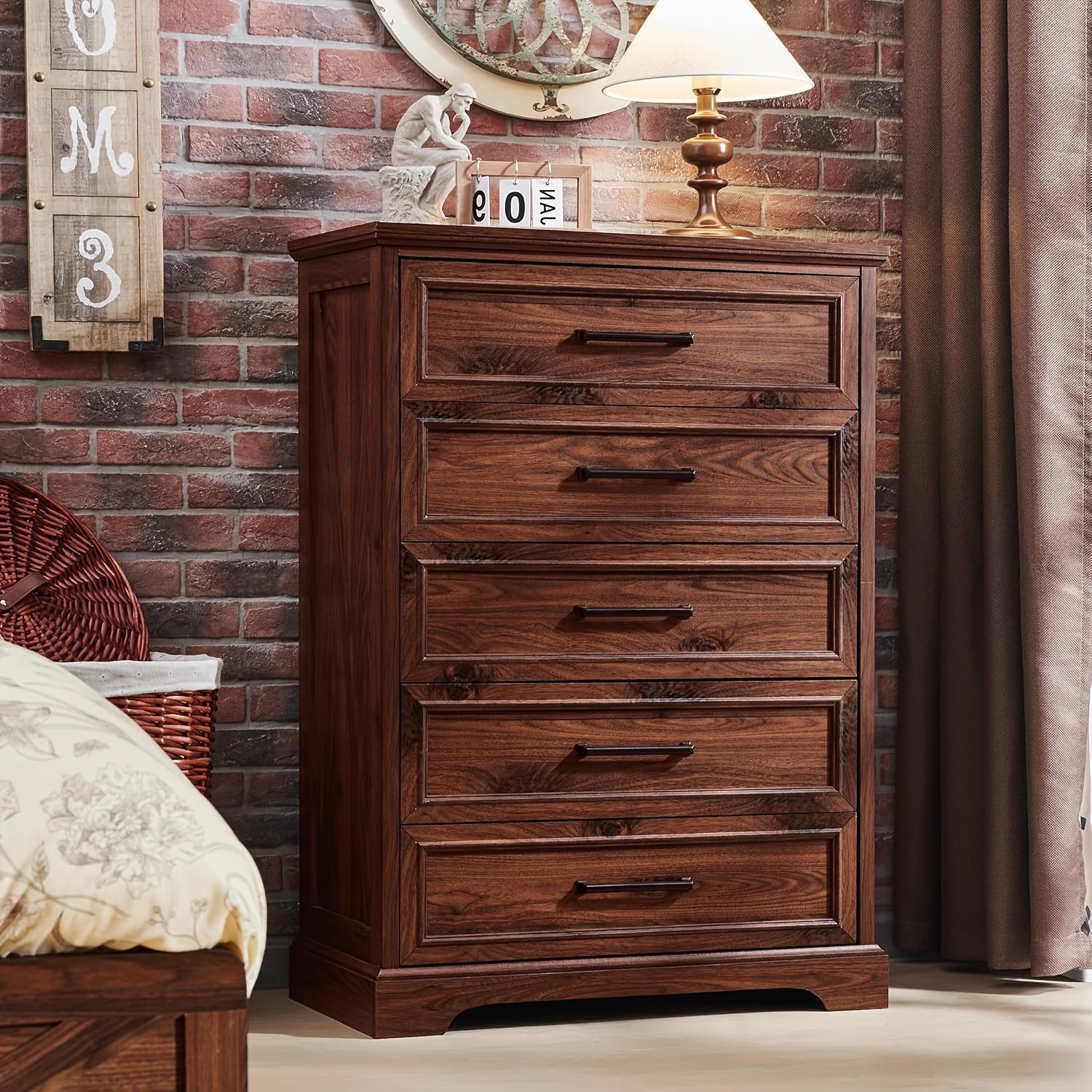 Rustic 5-Drawer Wooden Dresser Chest 117cm Tall with Wide Metal Handles Natural Texture Finish Ideal for Bedroom Living