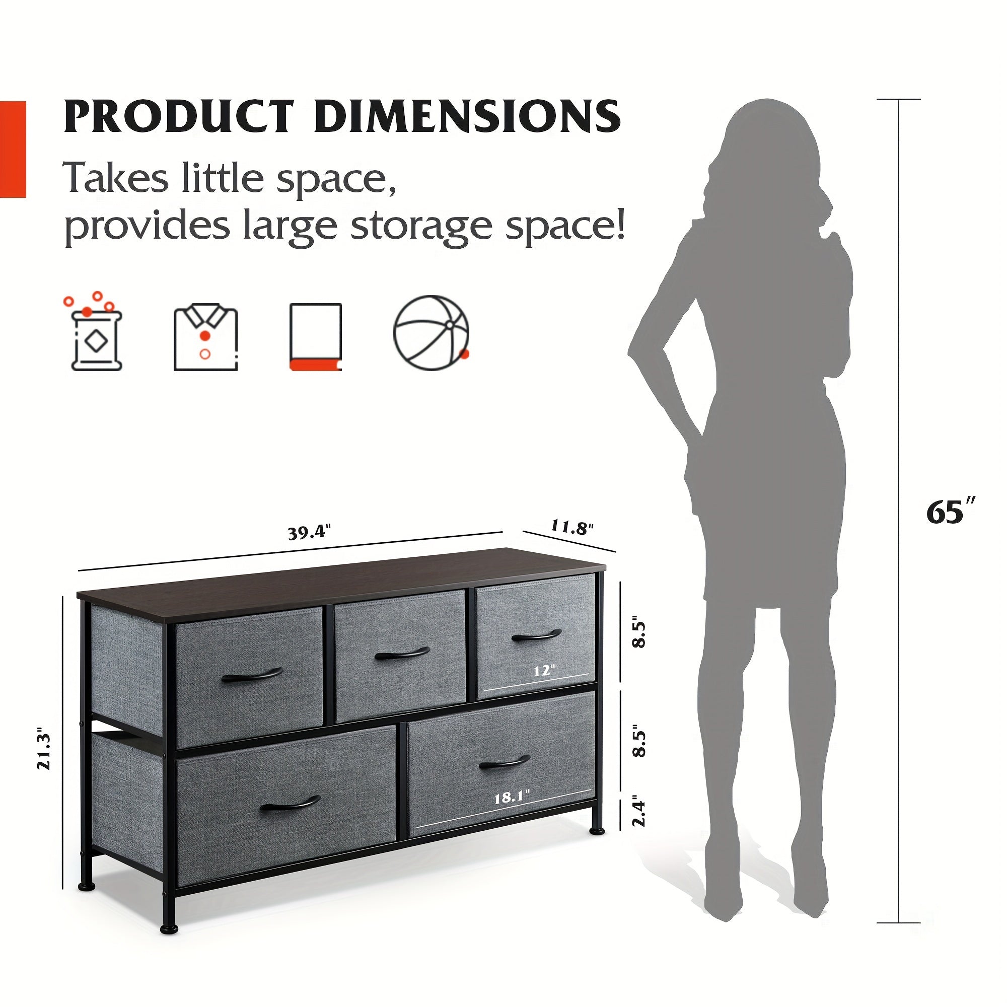 Modern 5-Drawer Fabric Storage Dresser - Freestanding Wood Frame Organizer for Bedroom & Living Room - Dresser