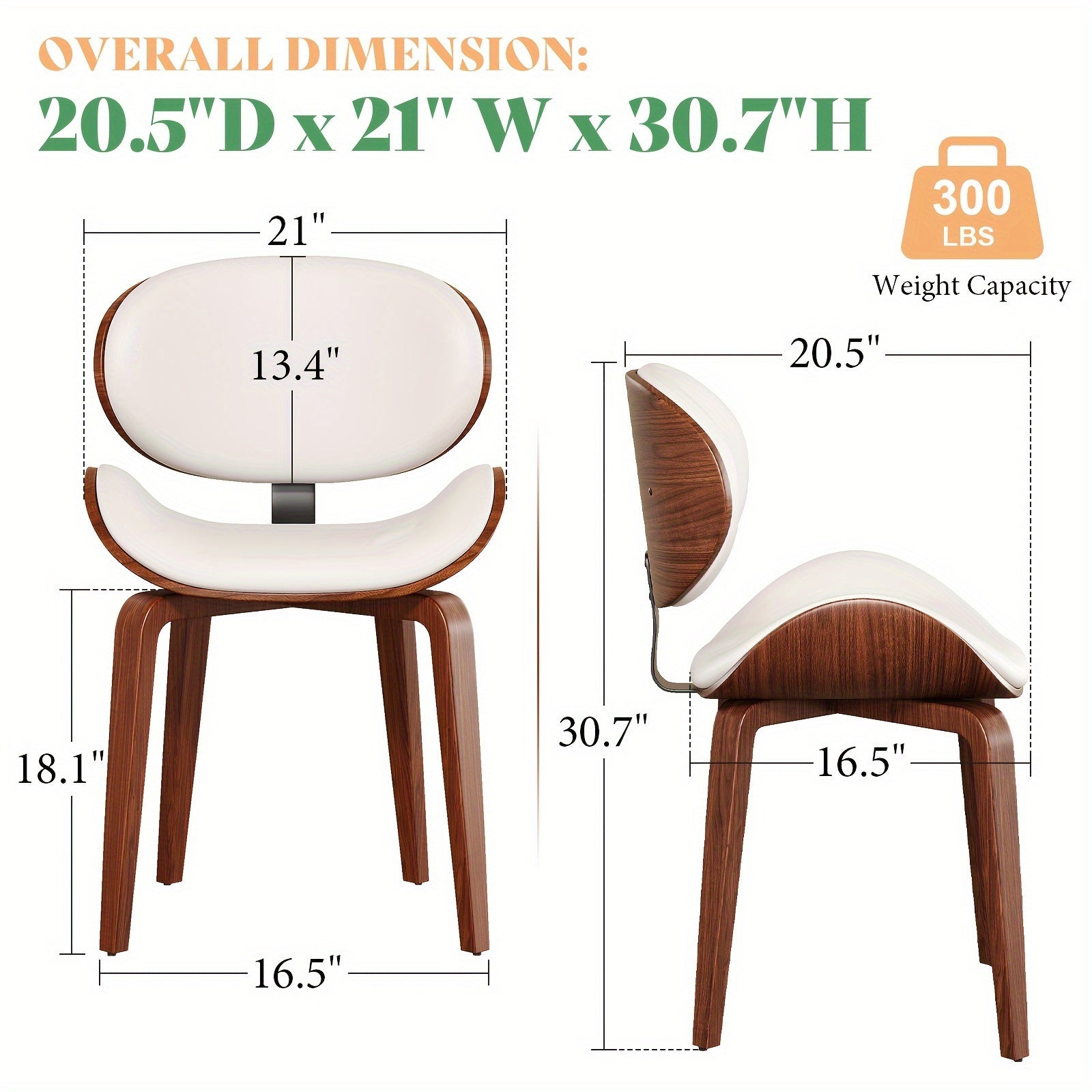 2pcs Mid-Century Modern Dining Chairs, Walnut Finish, Curved PU Leather Seat, Adjustable Solid Wood Legs, Ergonomic Design, Hardwood Frame, MDF Padding, Non-Adjustable Lounge Function