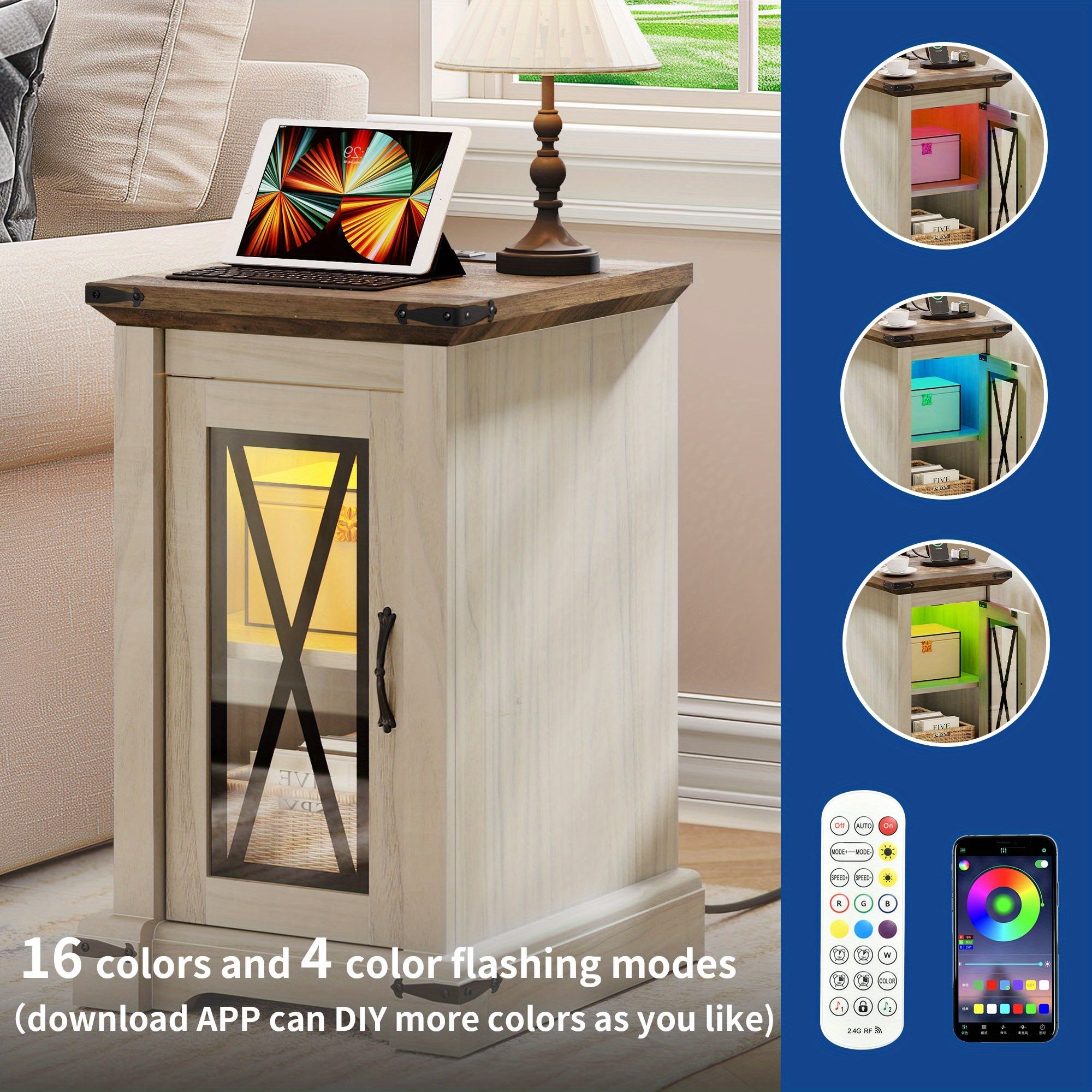 1pc Modern Multifunctional Wooden Side Table with Adjustable RGB Lighting and Built-in Charging Station, Pedestal Base - Ideal for Halloween and Christmas Gifts