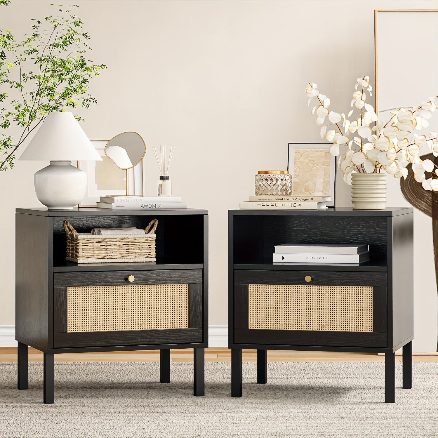 2pcs Rattan Nightstand Set Bedside Table with Open Shelf And Door Boho End Table (Set Of 2) - Black - Nightstand