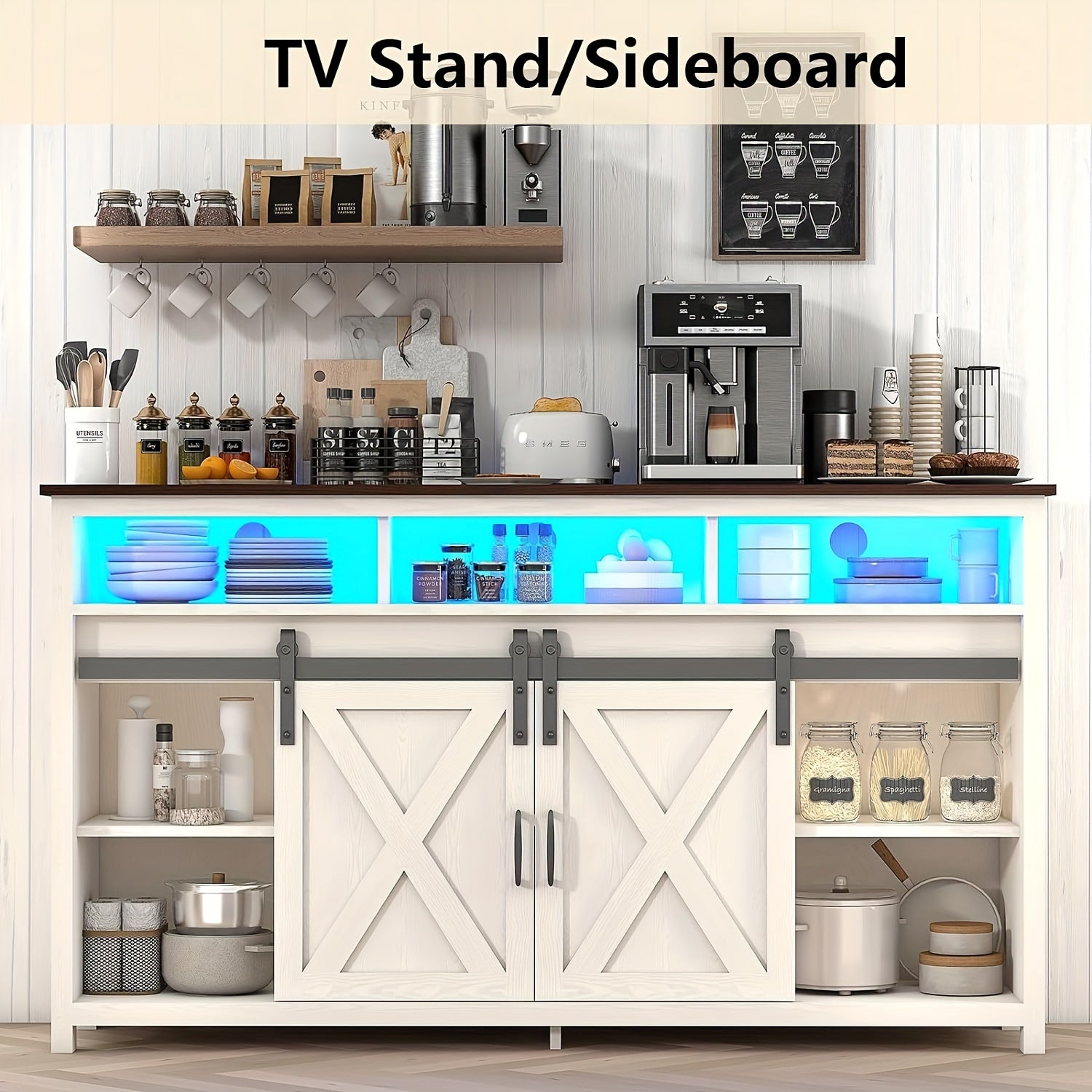 57" Wooden Farmhouse TV Stand For 60 65 Inch TV, Double Layer Storage Entertainment Center TV Console Table With Double-Row Sockets And 2 Sliding Barn Door, Media Cable Box