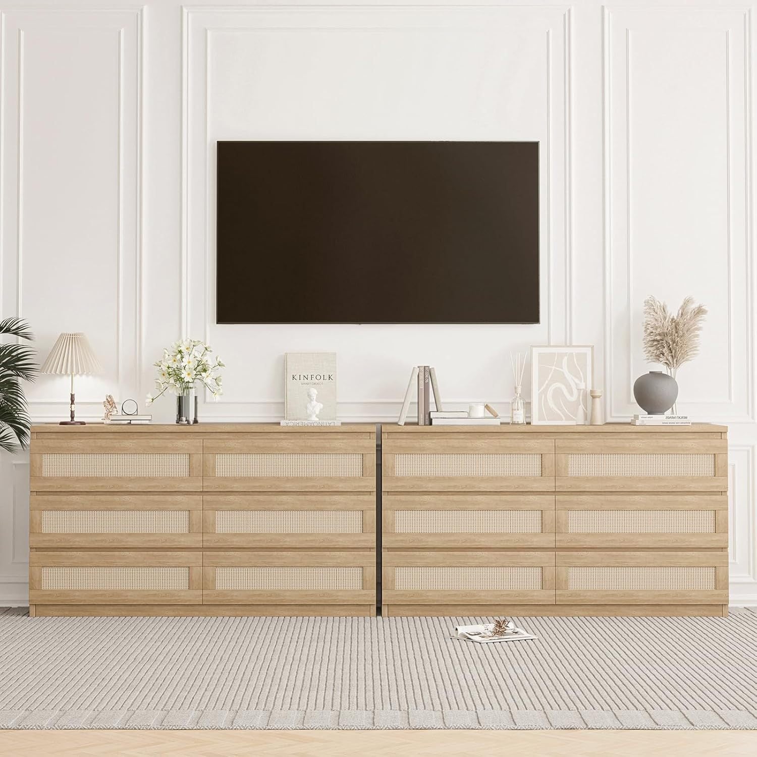 Rattan Dresser for Bedroom 6 Drawer Double Dresser for Bedroom with Smooth Mental Slide Modern Wood Chest of Drawers