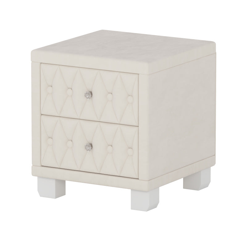 Elegant Beige Velvet Nightstand with Quilted Design, 2 Drawers & Crystal Handles - Classic Bedside Table with Decorative Top, Metal Frame for Modern Home Decor, Bedroom Decor, SENBOWE, Storage Cabinets