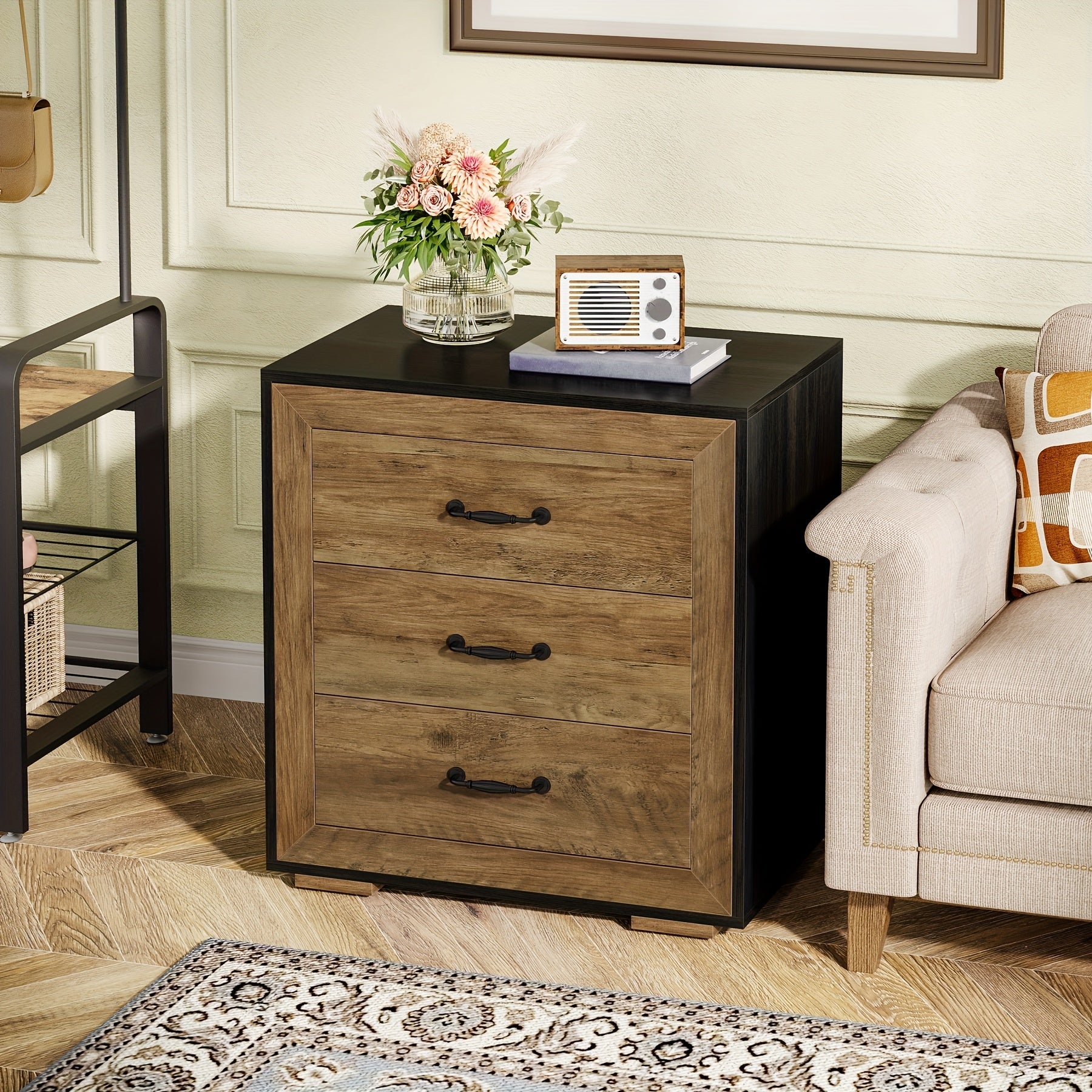 3-Drawer Nightstand, Wood Bedside Table With Metal Handles For Bedroom Living Room, Rustic Brown