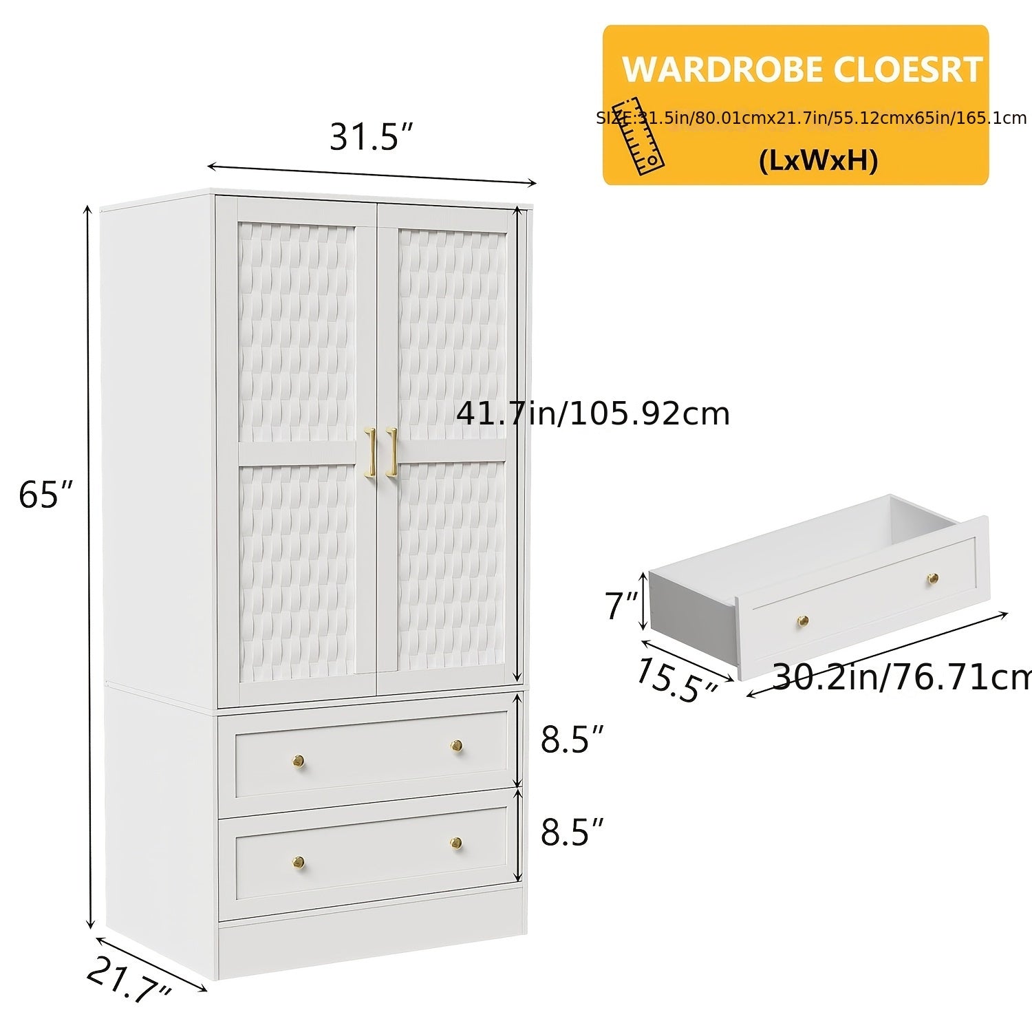 Armoire Storage Cabinet, 65" Tall Armoire Closet With Woven Doors, 2 Large Drawers, Wooden Armoire Wardrobe With Hanging Rod For Bedroom