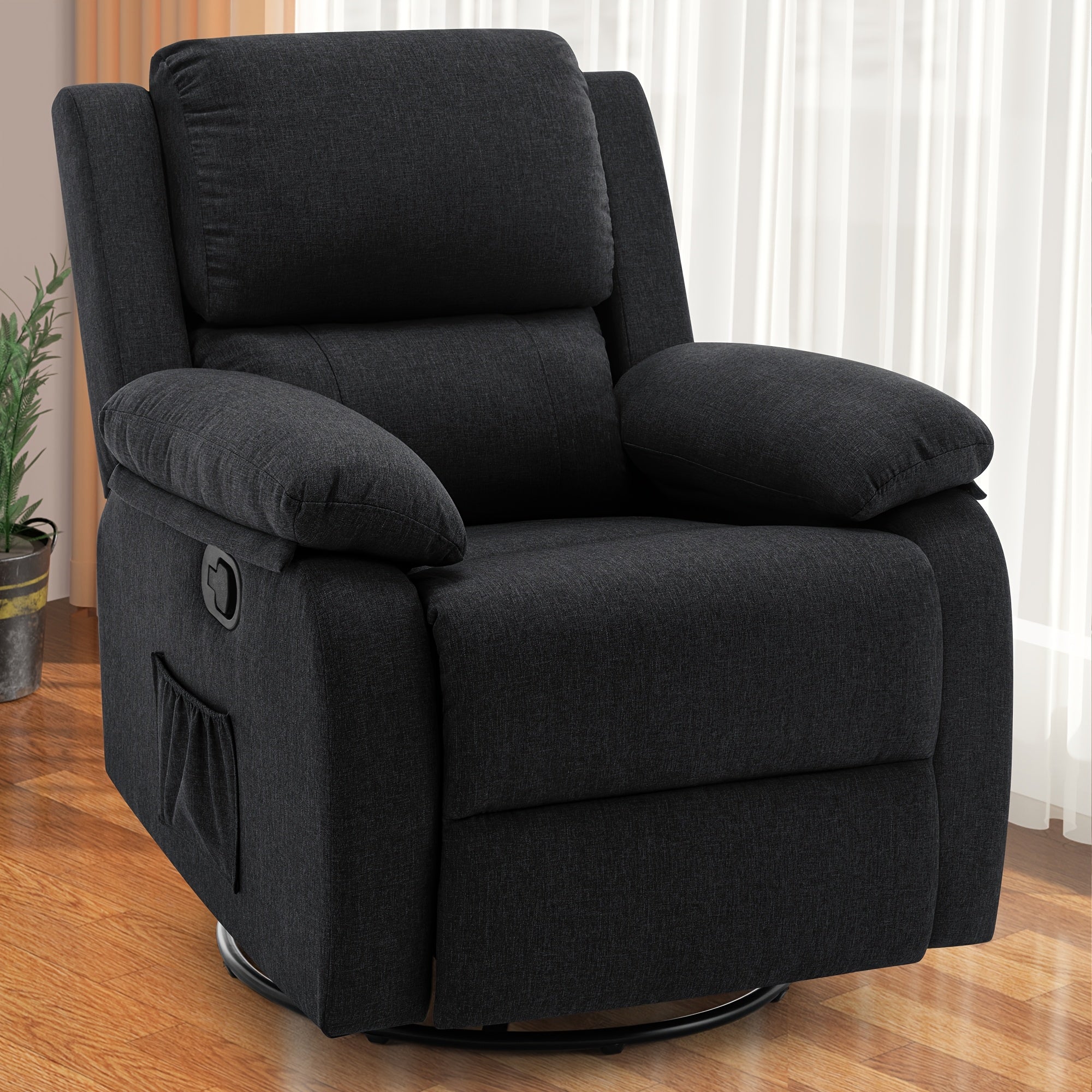 Compact 360° Swivel Recliner Chair with Side Pockets - Soft Linen Upholstery, Solid Back, Handle Control - Perfect for Small Spaces & Living Room - Black, Recliner Chair, 360° Swivel, Compact, Side Pockets