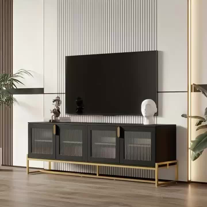 Black 70.87 inch TV cabinet. Entertainment center with shelves, wooden TV media console with sturdy metal legs, for living room