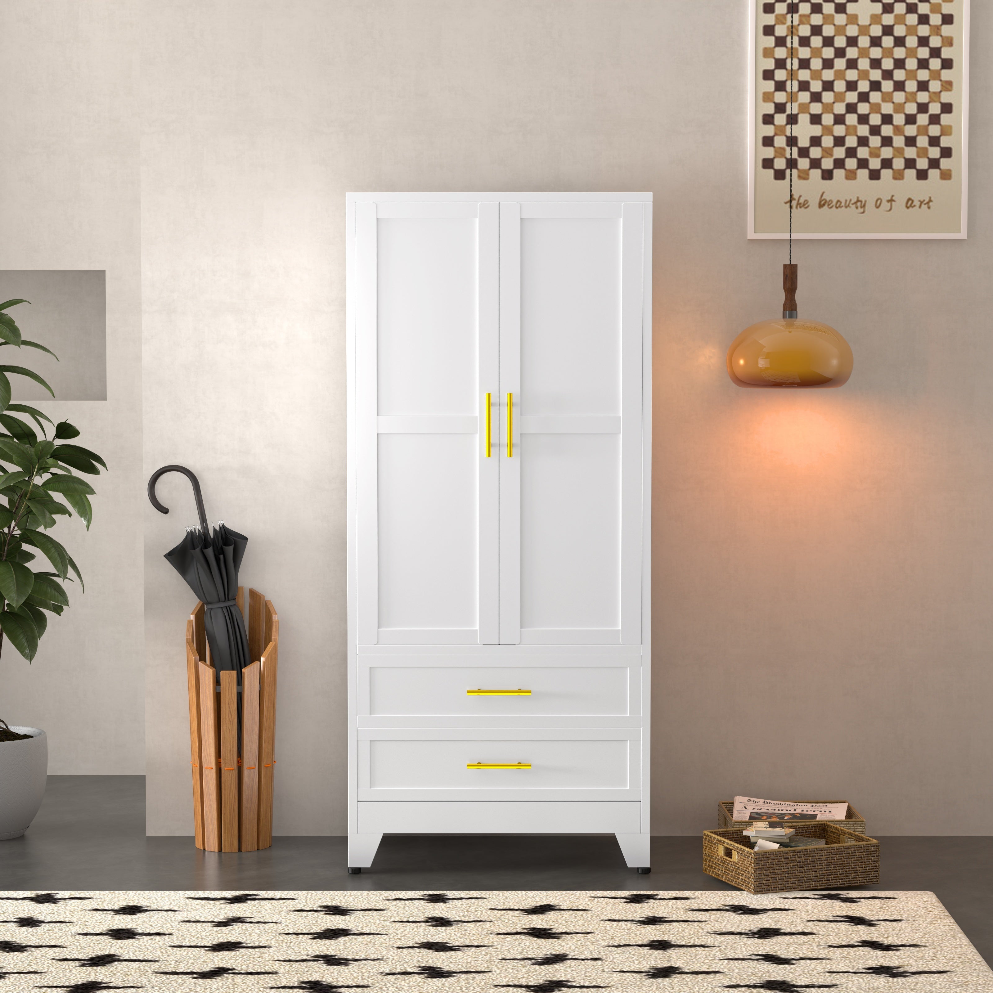 Modern Freestanding Wardrobe Armoire with Two Drawers