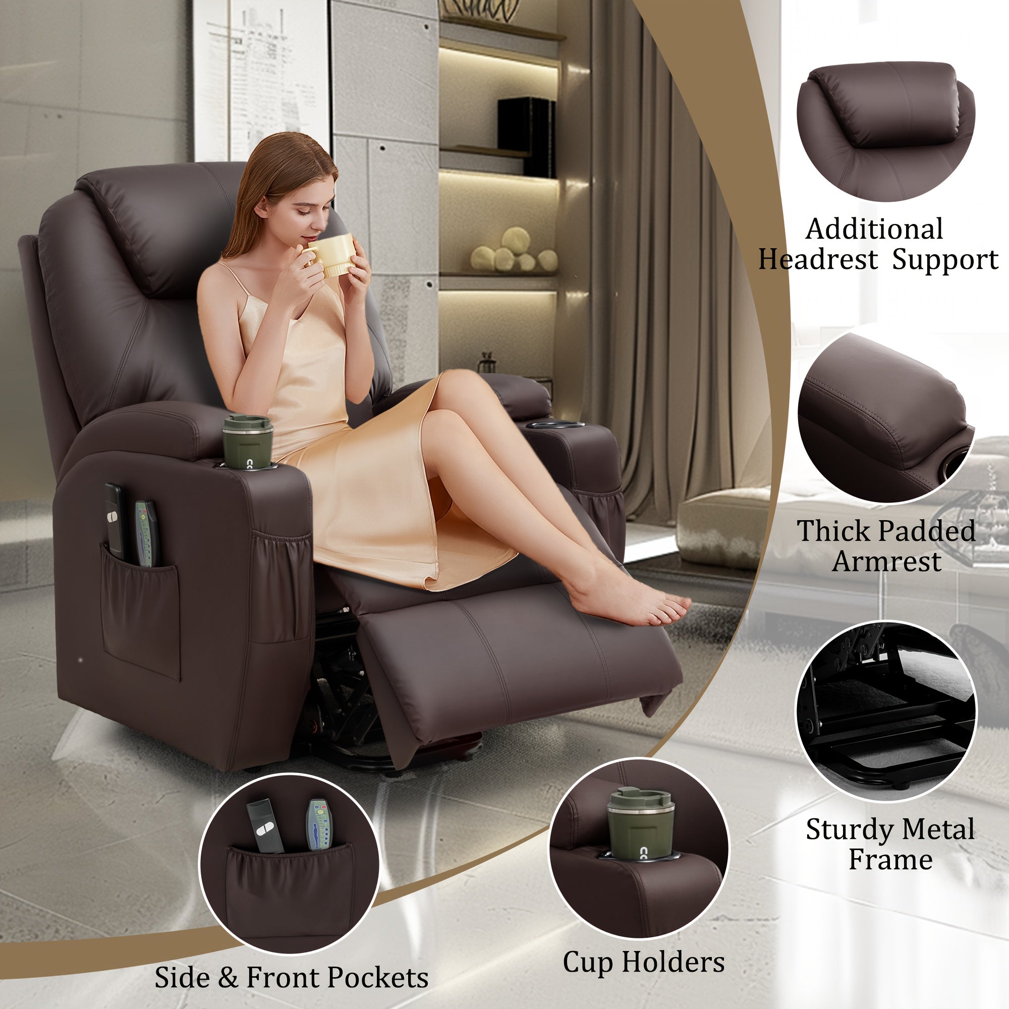 Faux Leather Power Lift Recliner Chair For Elderly And Adults, Electric Recliner With Massage And Heating, Recliner Chair With Remote Control And Cup Holder