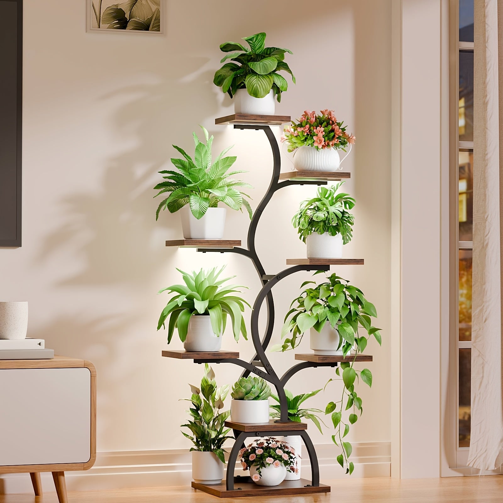 Plant Stand Indoor with Grow Light - 8 Tiered Plant Shelf Indoor, Corner Plant Stand, Metal Corner Shelves, 45" Tall Plant Shelf with Grow Light, Multi Functional Display Stand with Thickened Wooden Boards, Small Plant Stand