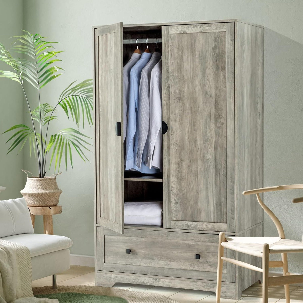 Spacious Rustic Grey Armoire Wardrobe - 38" Wide Freestanding Closet with Hanging Rod, Adjustable Shelves & Drawer, Classic Design with Doors for Bedroom Storage, Portable Closet