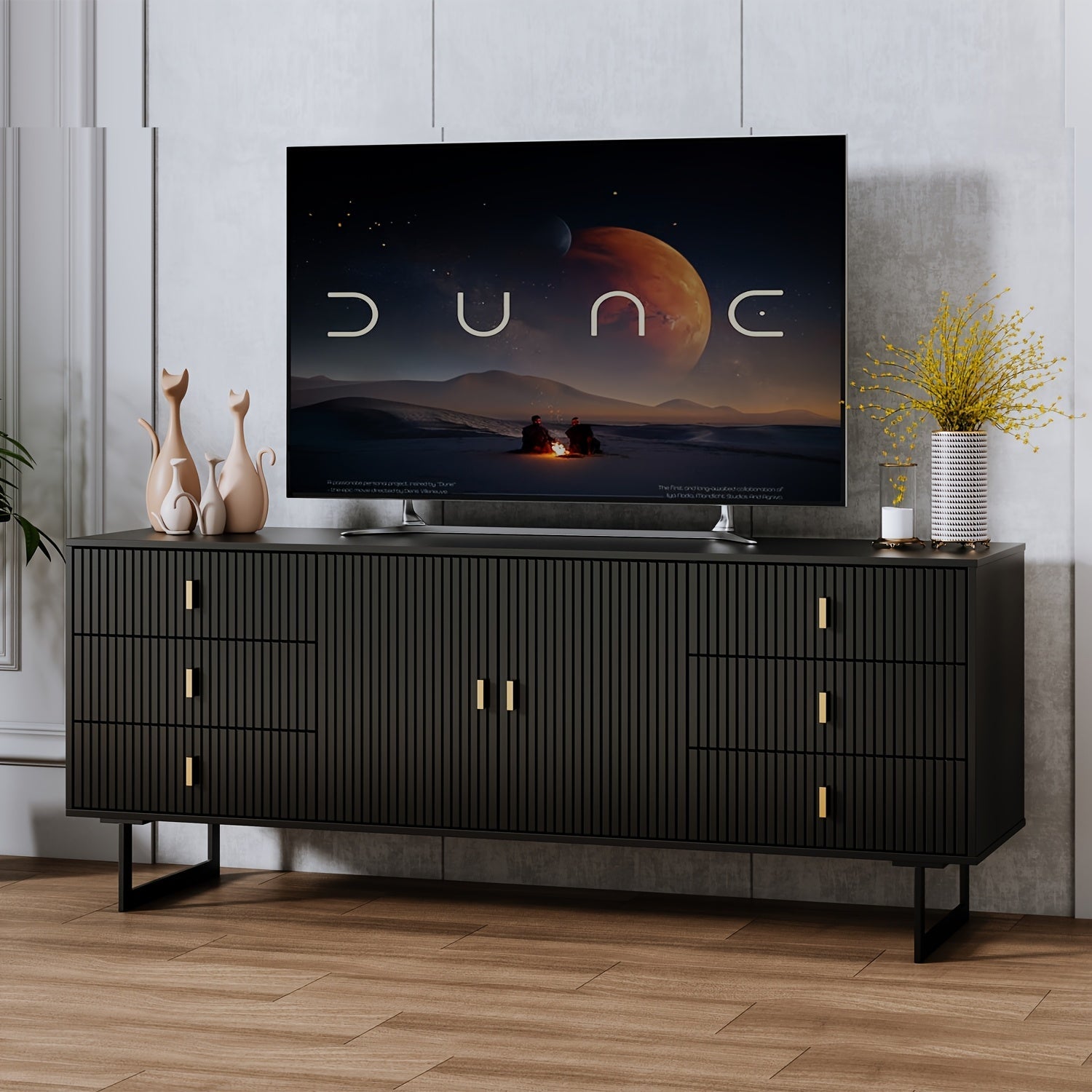 TV Stand For 59+ Inch TV, Modern Living Room Entertainment Center With Storage Cabinets, TV Table, Media Console With Ajustable Shelves & Cable Management, With 6 Large Storage Drawers Black