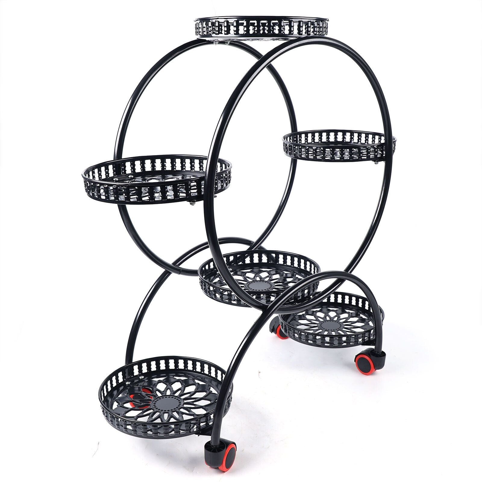 Modern 6-Tier Iron Plant Stand with Wheels - Indoor/Outdoor Flower Pot Rack Display Shelf, Black