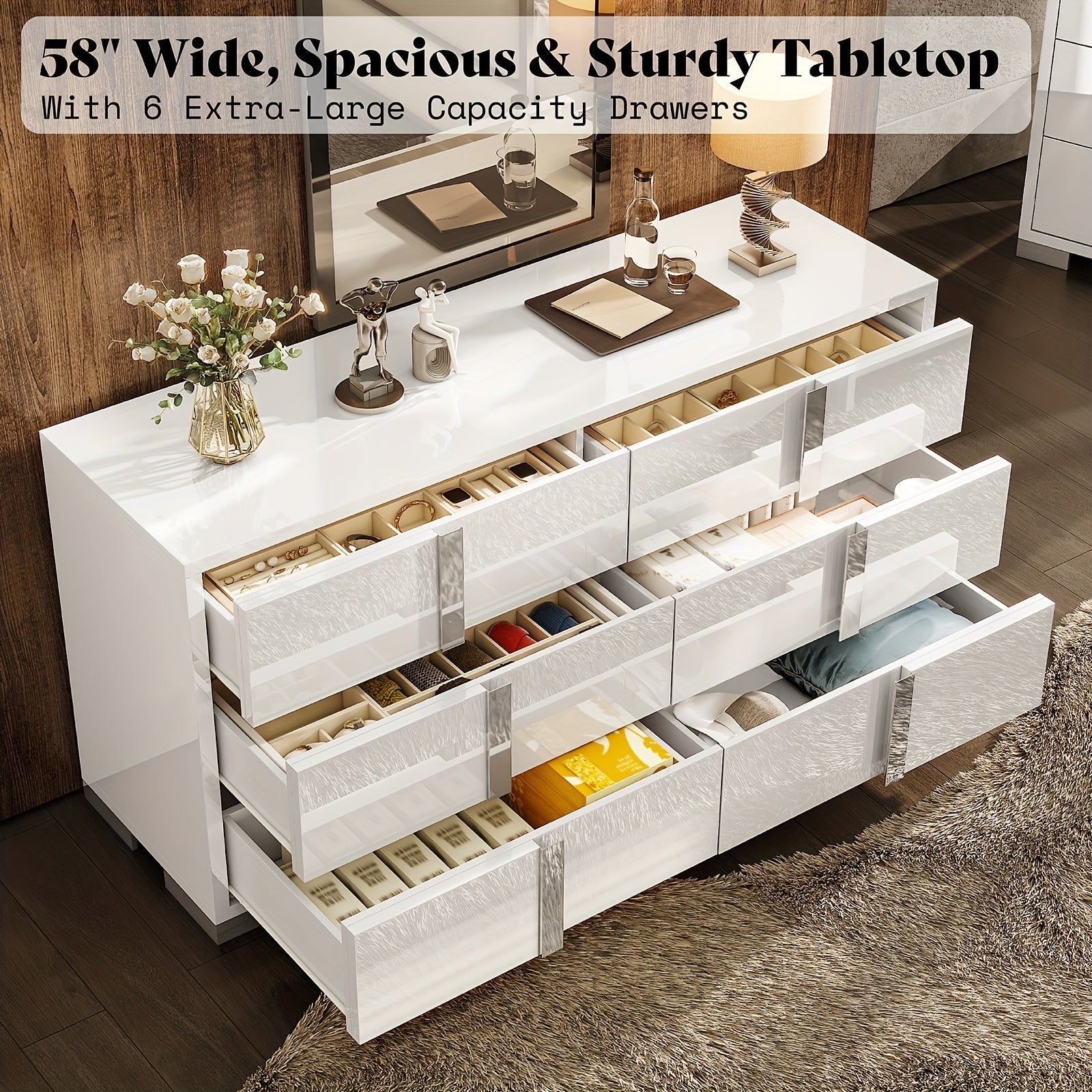 1pc Modern 54" W Dresser, 6-Drawer Glossy Hardwood & MDF Sideboard with Silver Accents, Freestanding Storage Organizer for Bedroom, Living Room