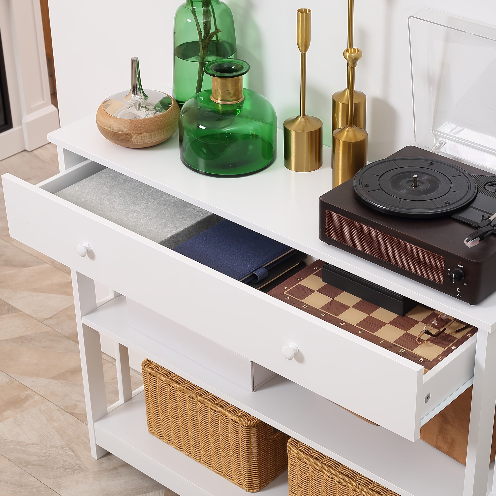 Console Hallway Table With Extra Wide Pull Out Drawer, 2 Open Shelves And Slatted Wood Frame Design, White